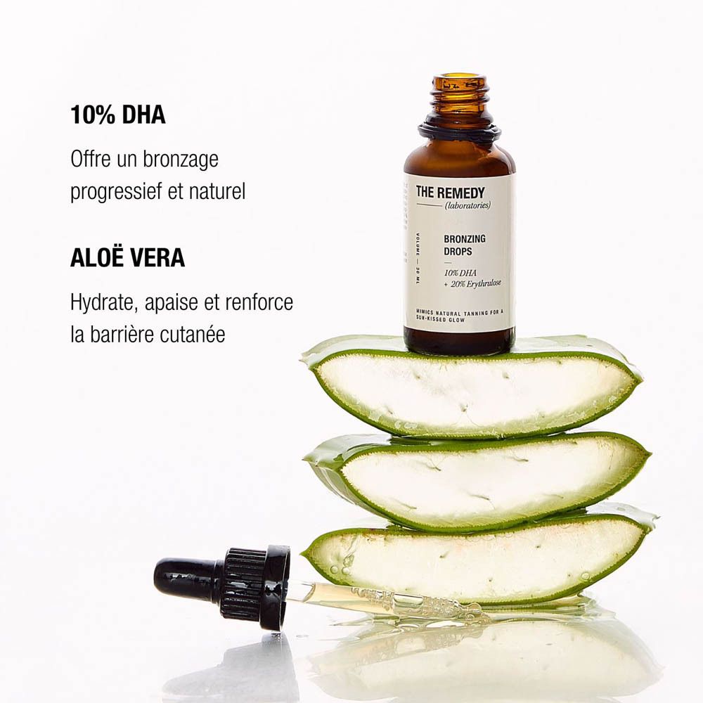 Produit et Aloe Vera. Texte : 10% DHA, Aloe Vera. Flacon avec compte-gouttes.