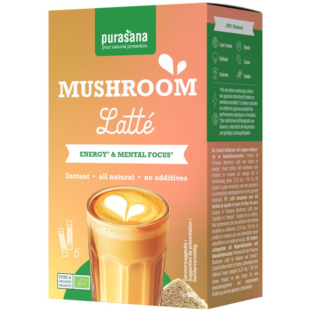 Boîte de Purasana Mushroom Latte. Inscription : Mushroom Latte, Energy & Mental Focus, Instant, all natural, no additives. 6 sticks.