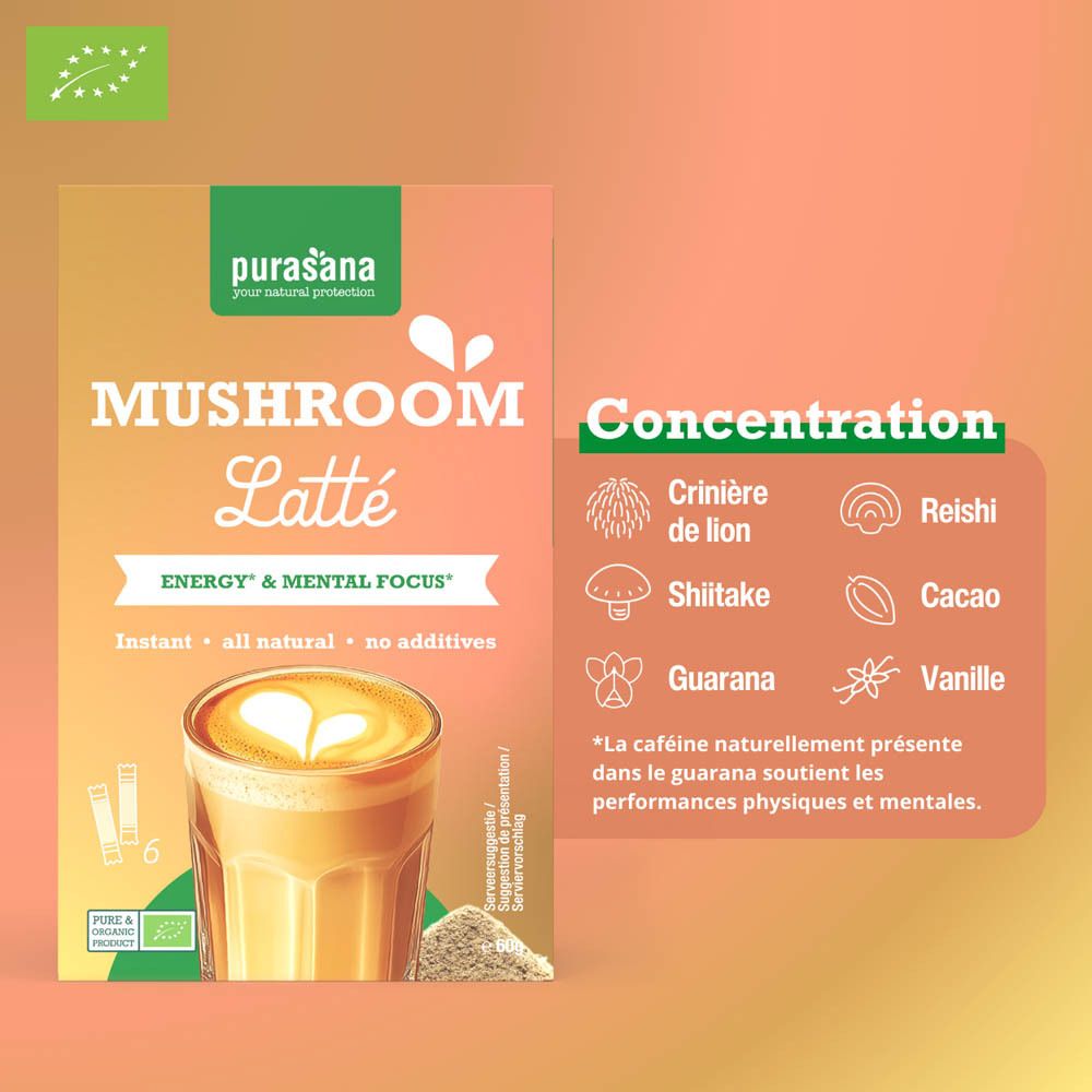 Purasana Mushroom Latte. Inscription : Mushroom Latte, Energy & Mental Focus. Ingrédients : Lion's mane, Reishi, Shiitake, Cacao, Guarana, Vanille.