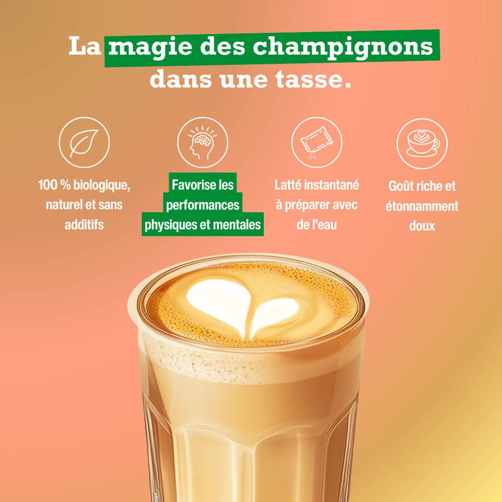 Verre de Purasana Mushroom Latte. Inscription : Mushroom Latte. Texte : 100% biologique, favorise les performances physiques et mentales.