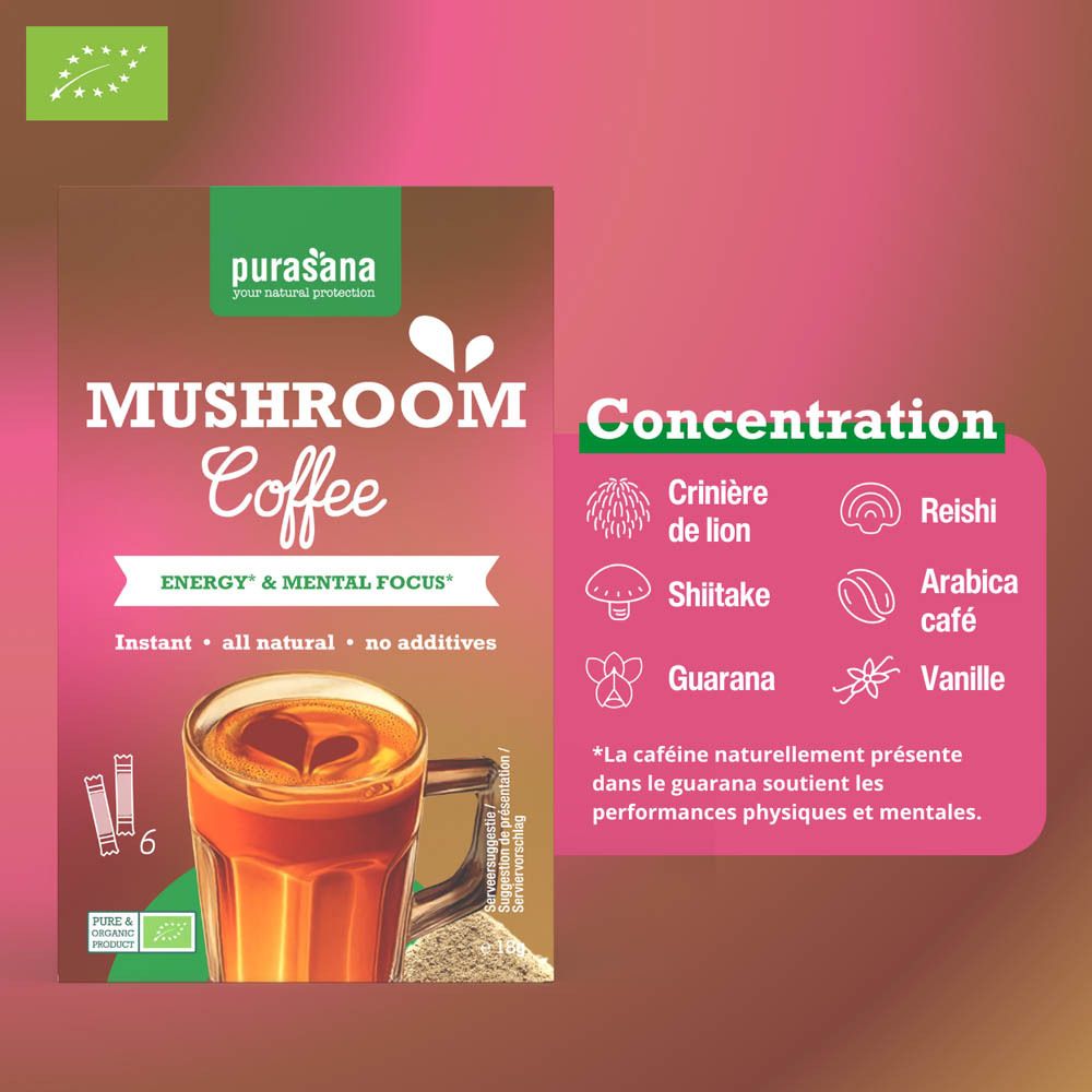 Emballage Purasana Mushroom Coffee Bio. Ingrédients: café Arabica, crinière de lion, shiitake, reishi, guarana, vanille.