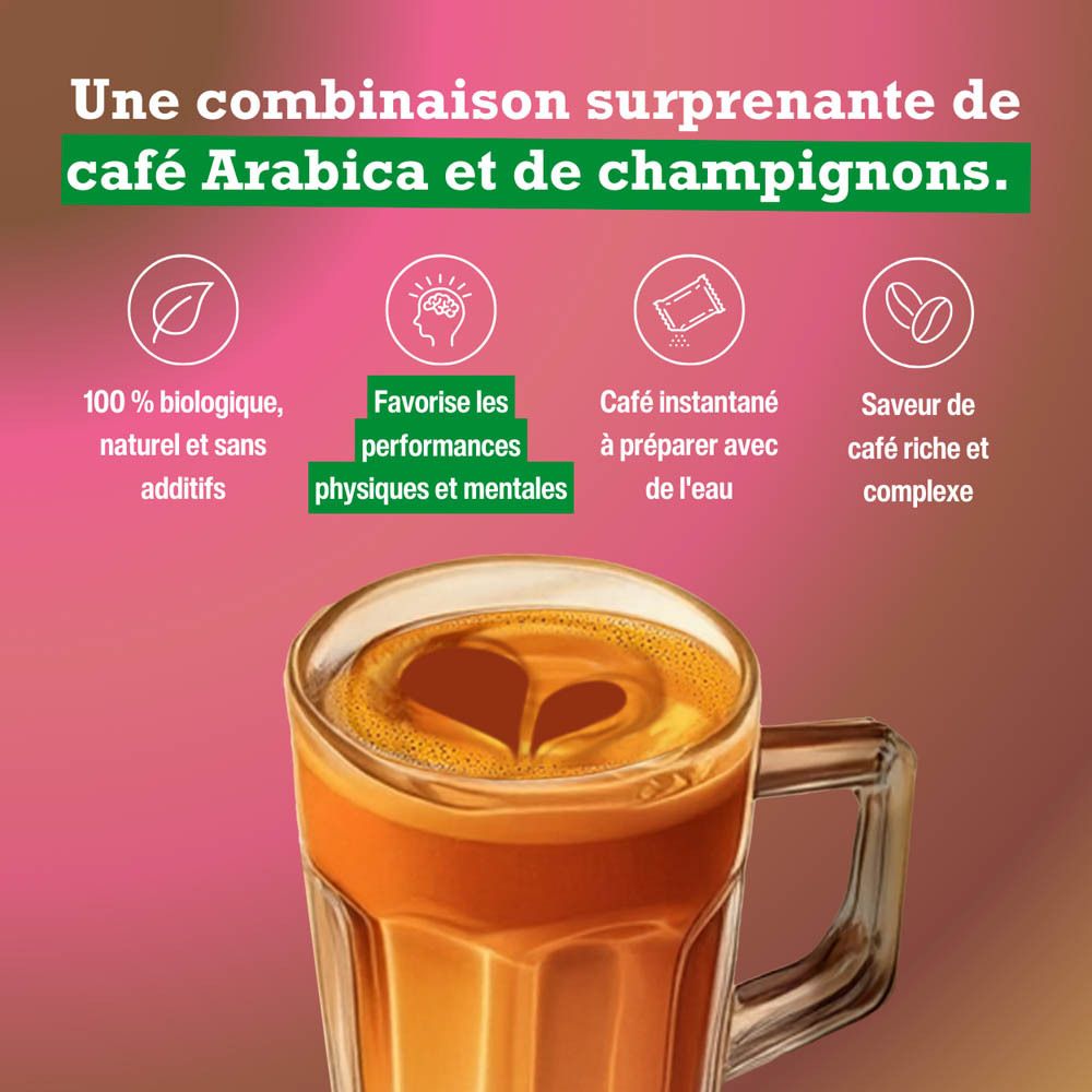 Gros plan d'une tasse de café avec Purasana Mushroom Coffee Bio. Texte: 100% biologique, naturel, sans additifs.