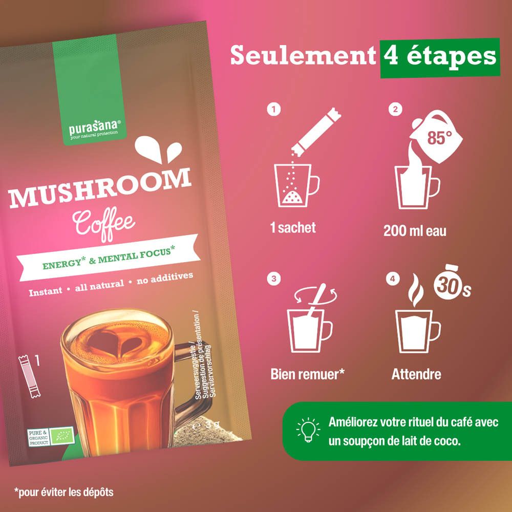 Purasana Mushroom Coffee Bio. 4 étapes de préparation: 1 sachet, 200 ml d'eau, remuer, attendre.