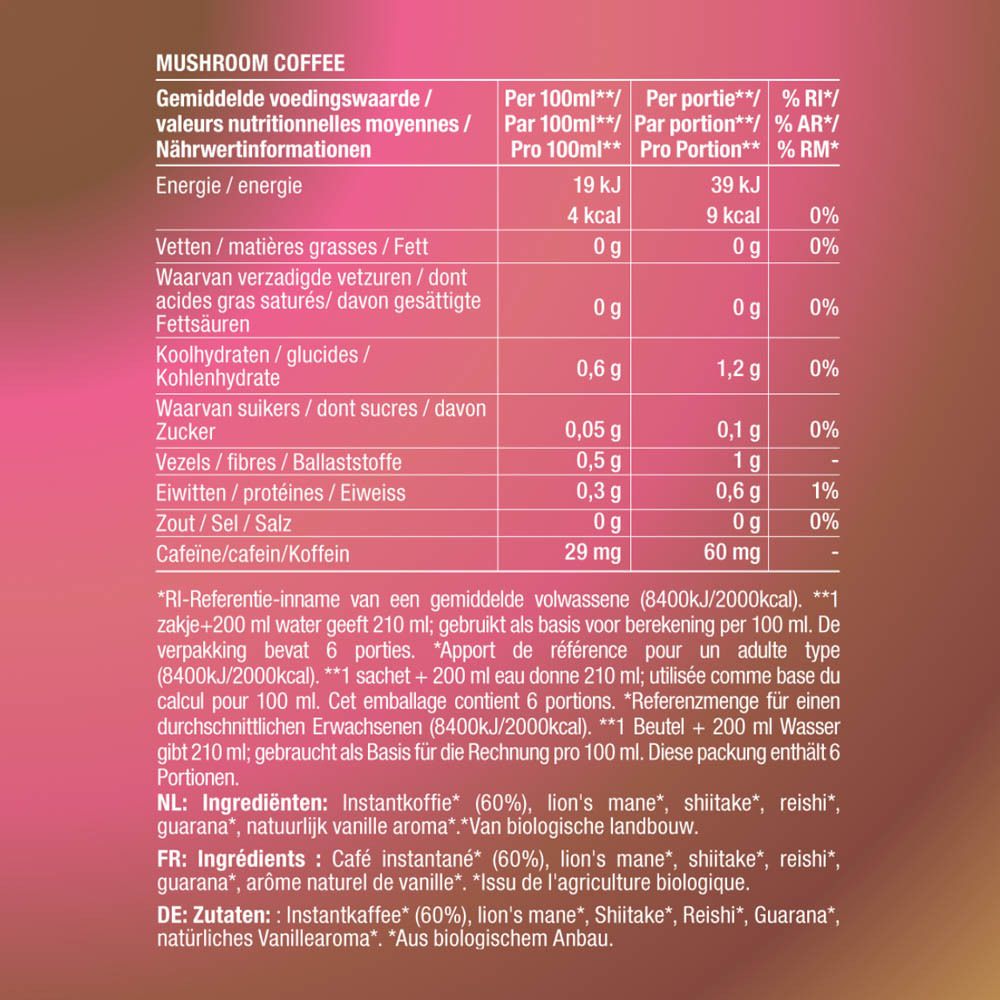 Dos de l'emballage Purasana Mushroom Coffee Bio. Tableau nutritionnel, ingrédients, préparation.
