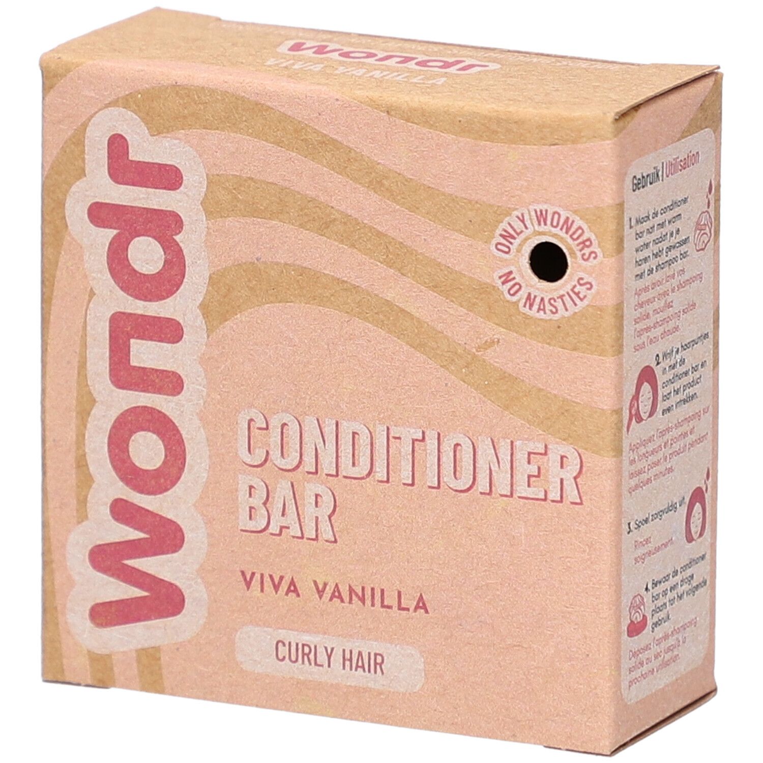 Boîte en carton avec texte rose "Wondr", "Conditioner Bar", "Viva Vanilla", "Curly Hair".