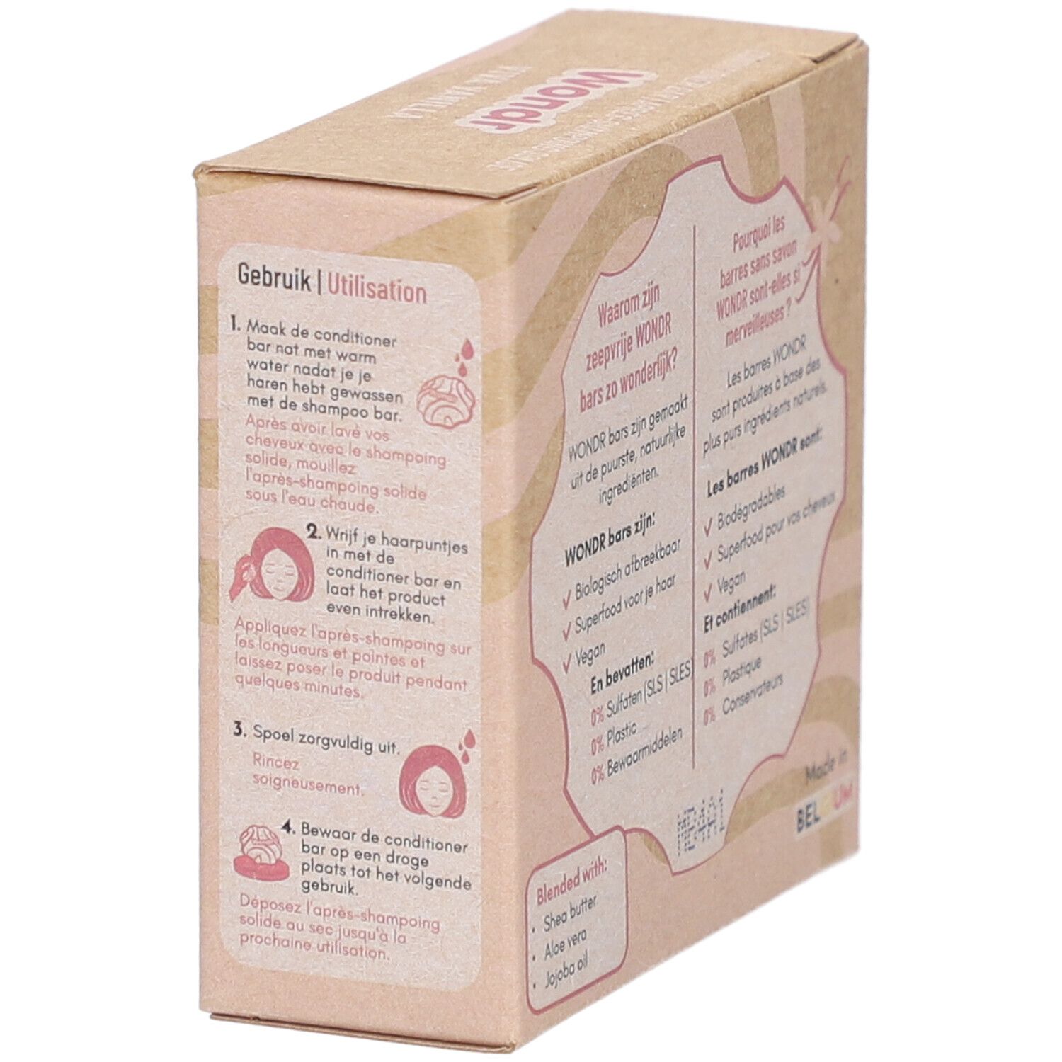 Boîte en carton avec instructions d'utilisation en néerlandais et texte en français.