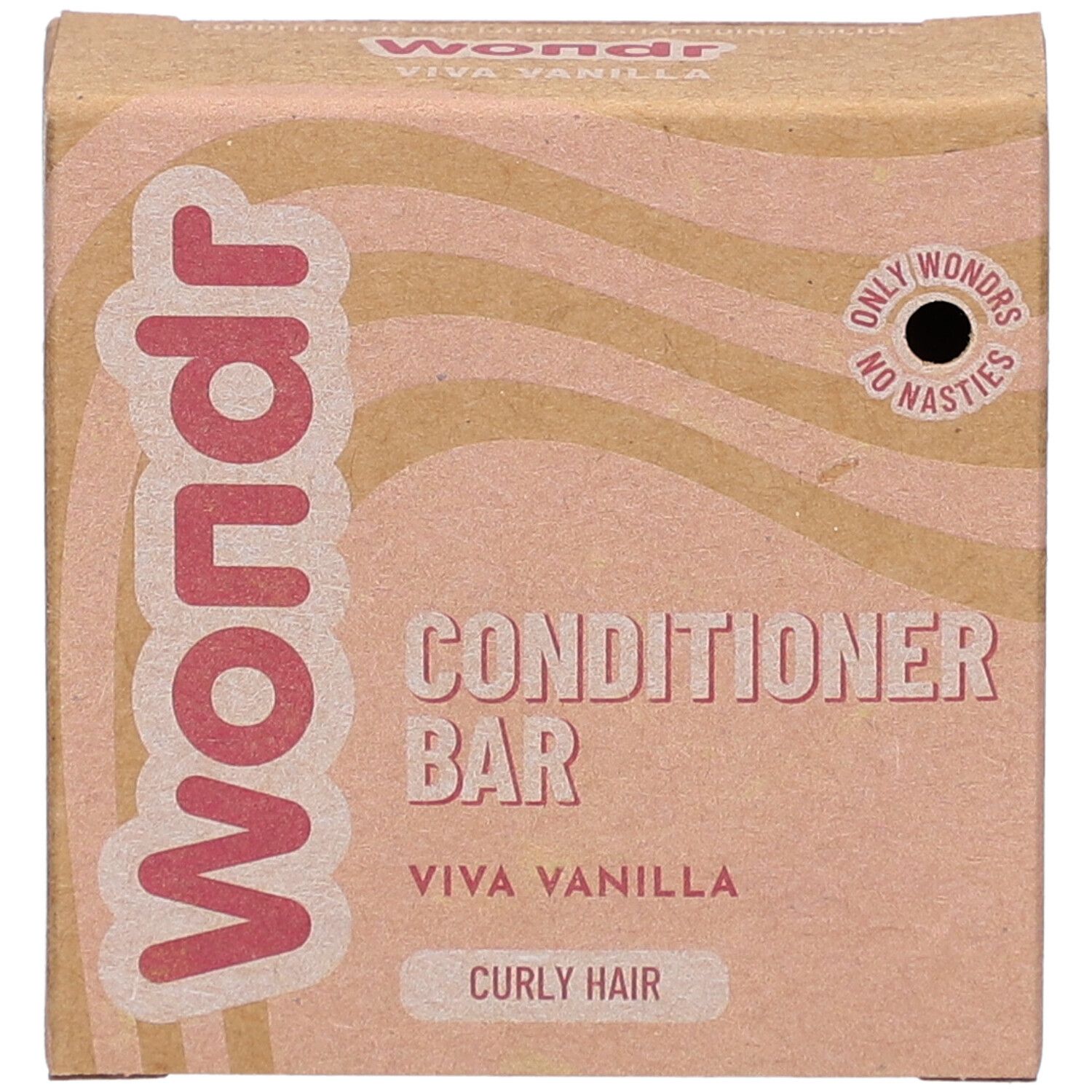 Vue de dessus de la boîte en carton avec texte rose "Wondr", "Conditioner Bar", "Viva Vanilla", "Curly Hair".