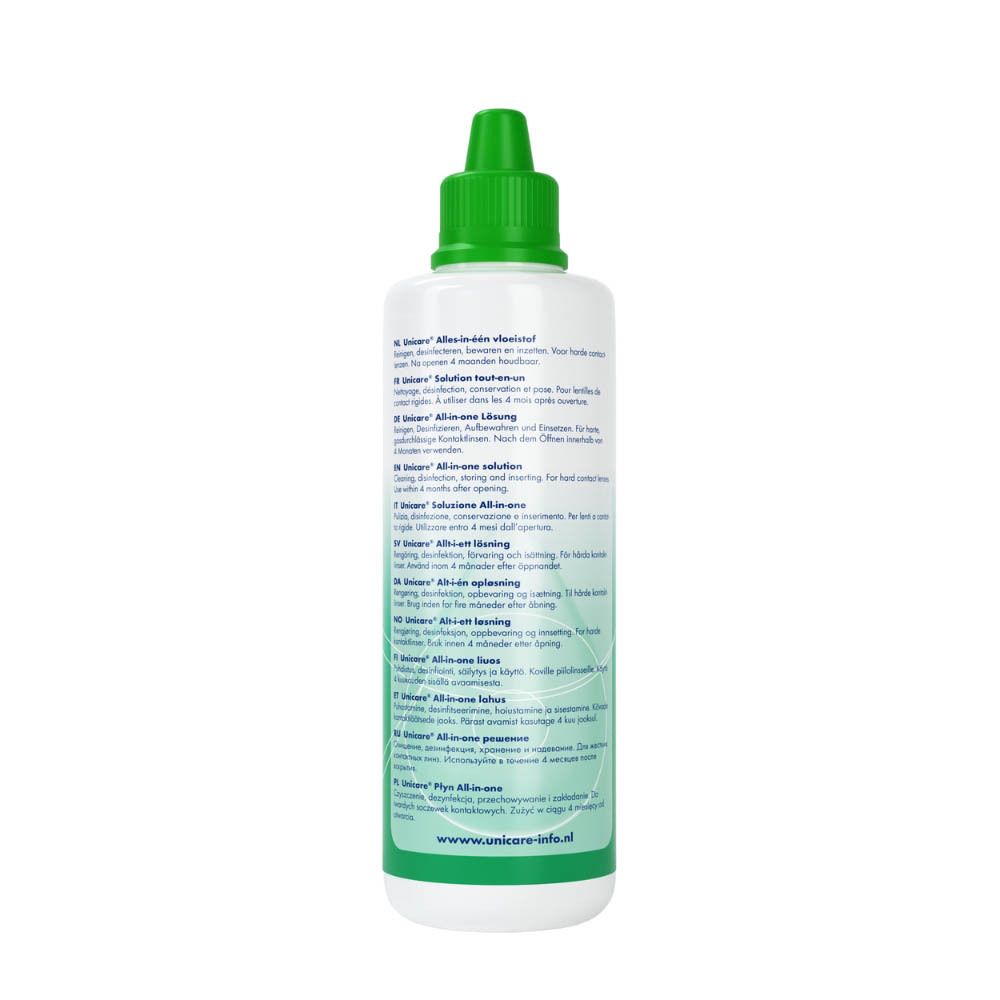 Flacon vert avec bouchon vert. Dos avec texte multilingue. Pour lentilles de contact.