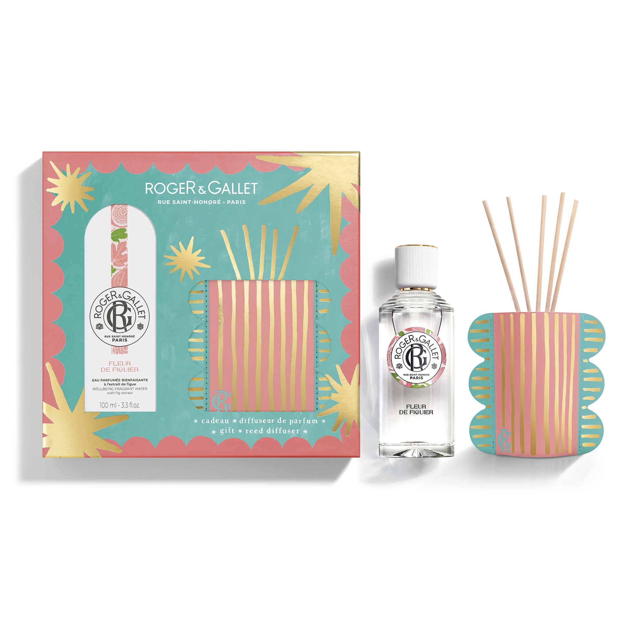 Coffret cadeau avec Eau Parfumée Bienfaisante, diffuseur et bâtonnets. Emballage turquoise et rose avec étoiles. Texte: Roger & Gallet.