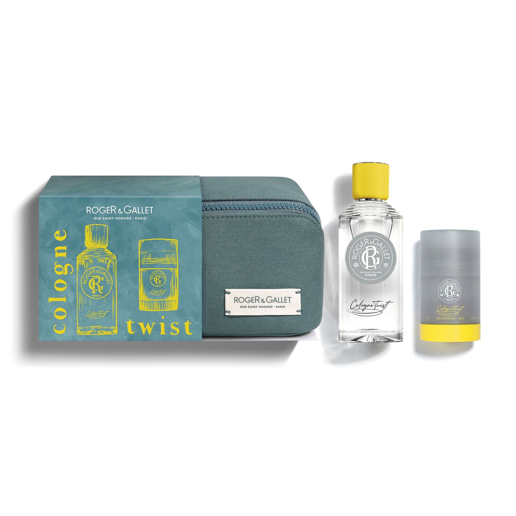 Coffret turquoise avec trousse et produits. Boîte avec logo et texte. Produits à côté.