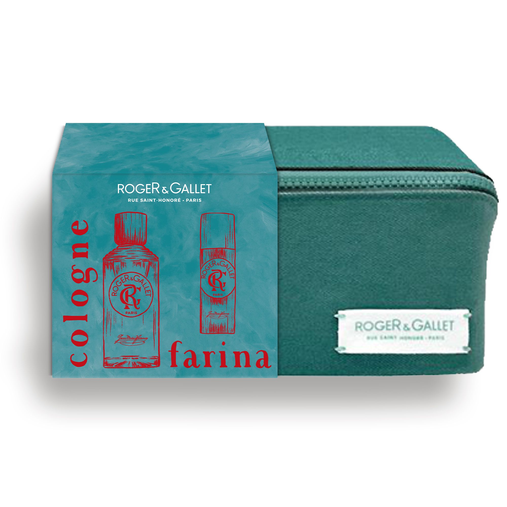 Coffret turquoise avec trousse. Roger & Gallet, Farina, illustrations d'Eau de Cologne et de déodorant. Trousse zippée.