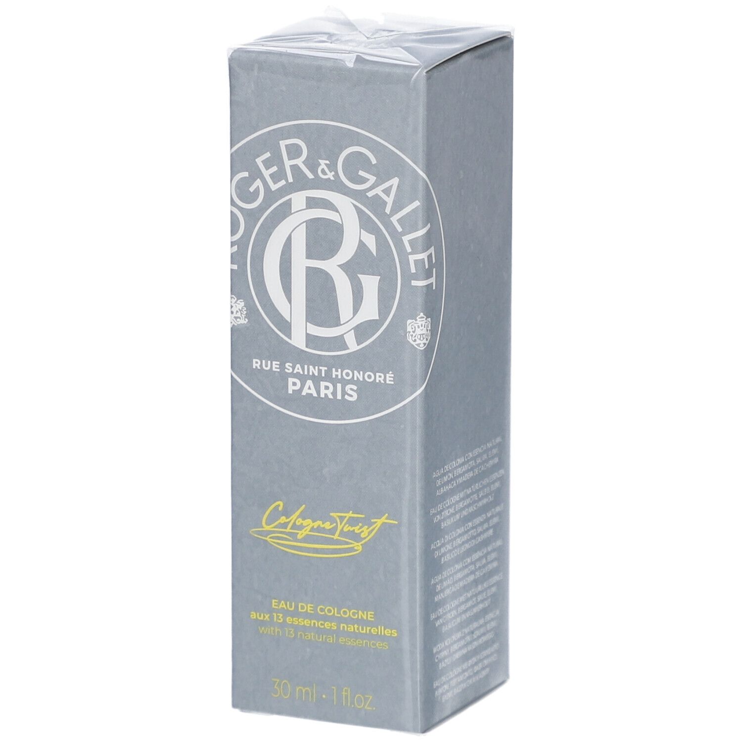 Boîte rectangulaire grise avec logo et texte. Inscription: Eau de Cologne, 30 ml - 1 fl oz. Emballé dans du film plastique.