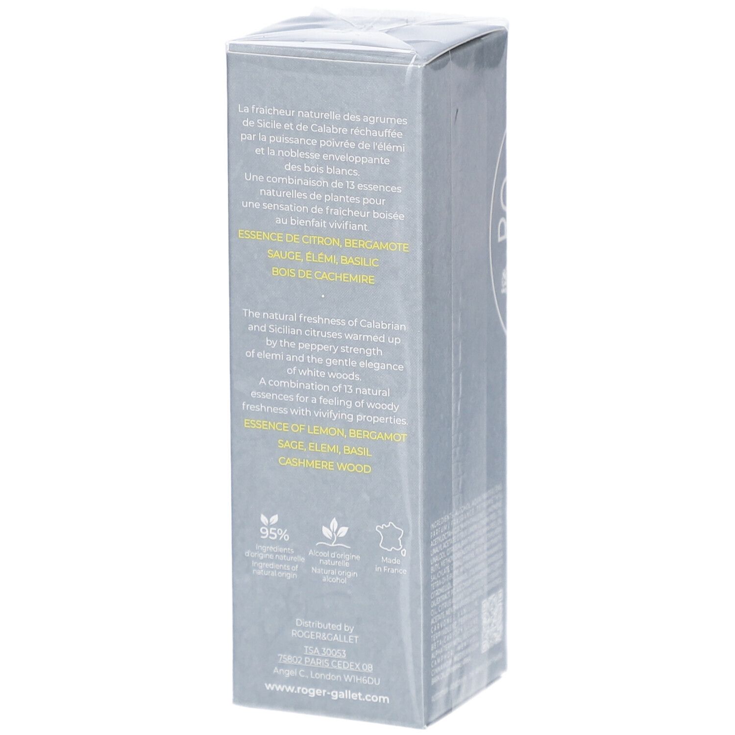 Boîte rectangulaire grise. Inscription: texte sur les ingrédients et les certifications. Emballé dans du film plastique.