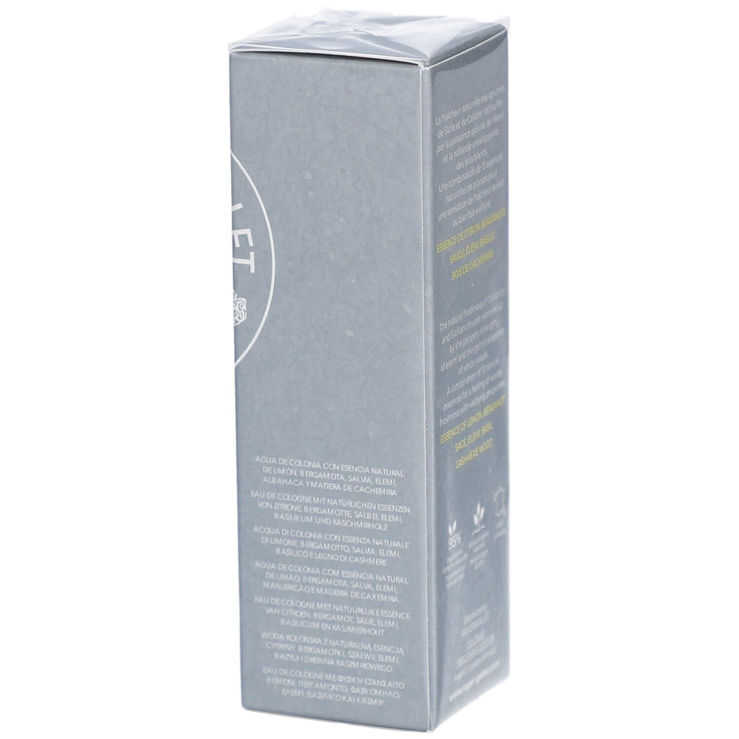 Boîte rectangulaire grise. Inscription: texte sur les ingrédients. Emballé dans du film plastique.