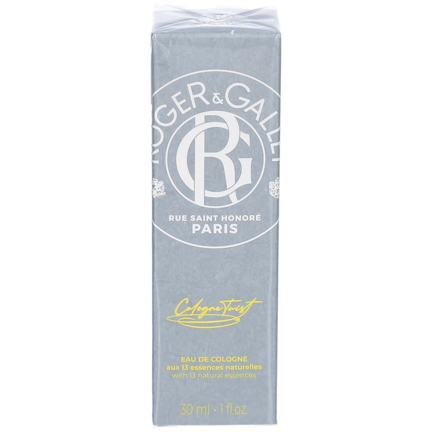 Boîte rectangulaire grise avec logo et texte. Inscription: Eau de Cologne, 30 ml - 1 fl oz. Emballé dans du film plastique.