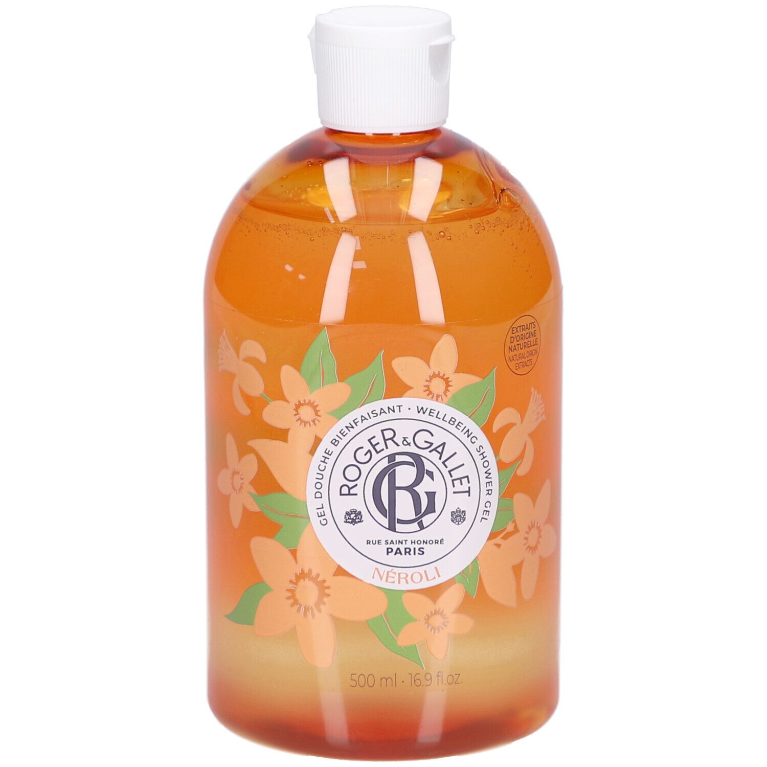 Gel Douche Bienfaisant Neroli. Bouteille avec bouchon blanc. Gel orangé avec motif floral. Marque Roger&Gallet.