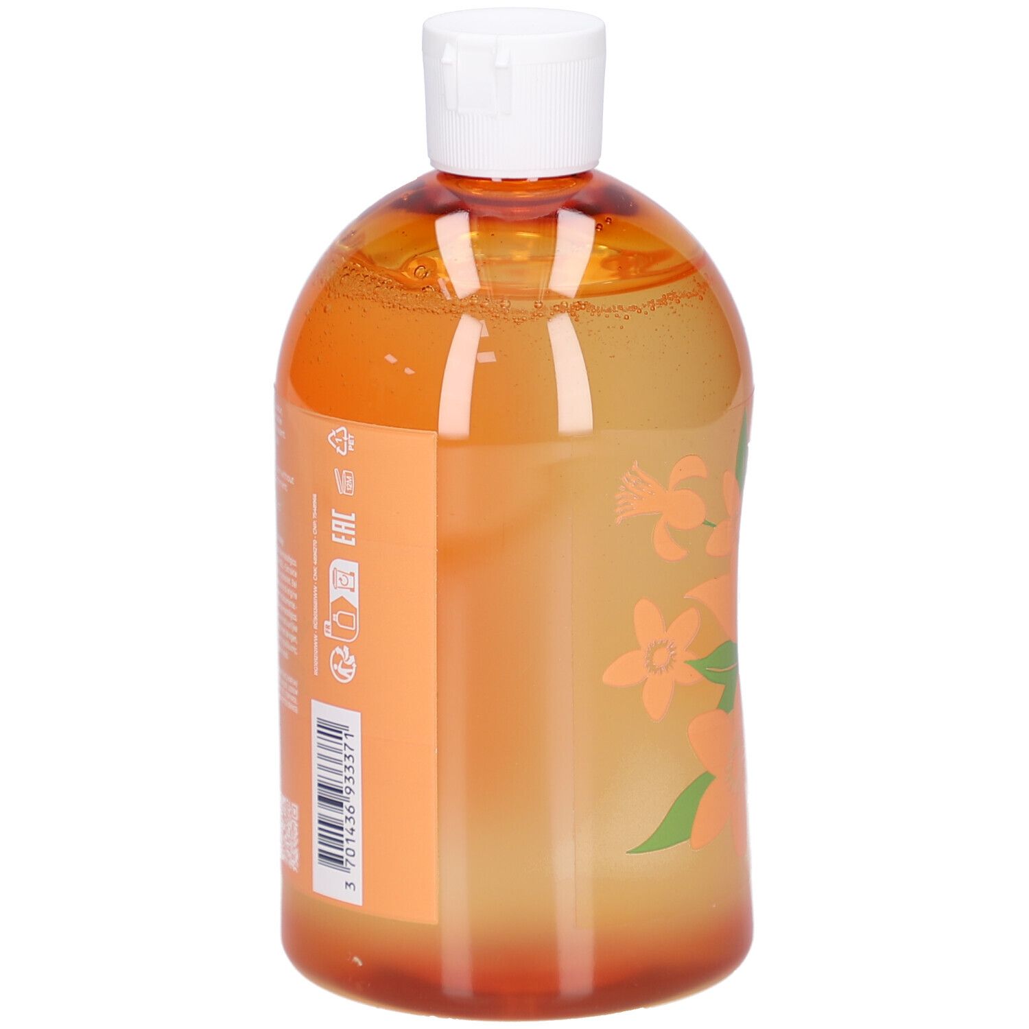 Vue arrière de la bouteille Gel Douche Bienfaisant Neroli. Gel orangé. Étiquette avec informations et code-barres.