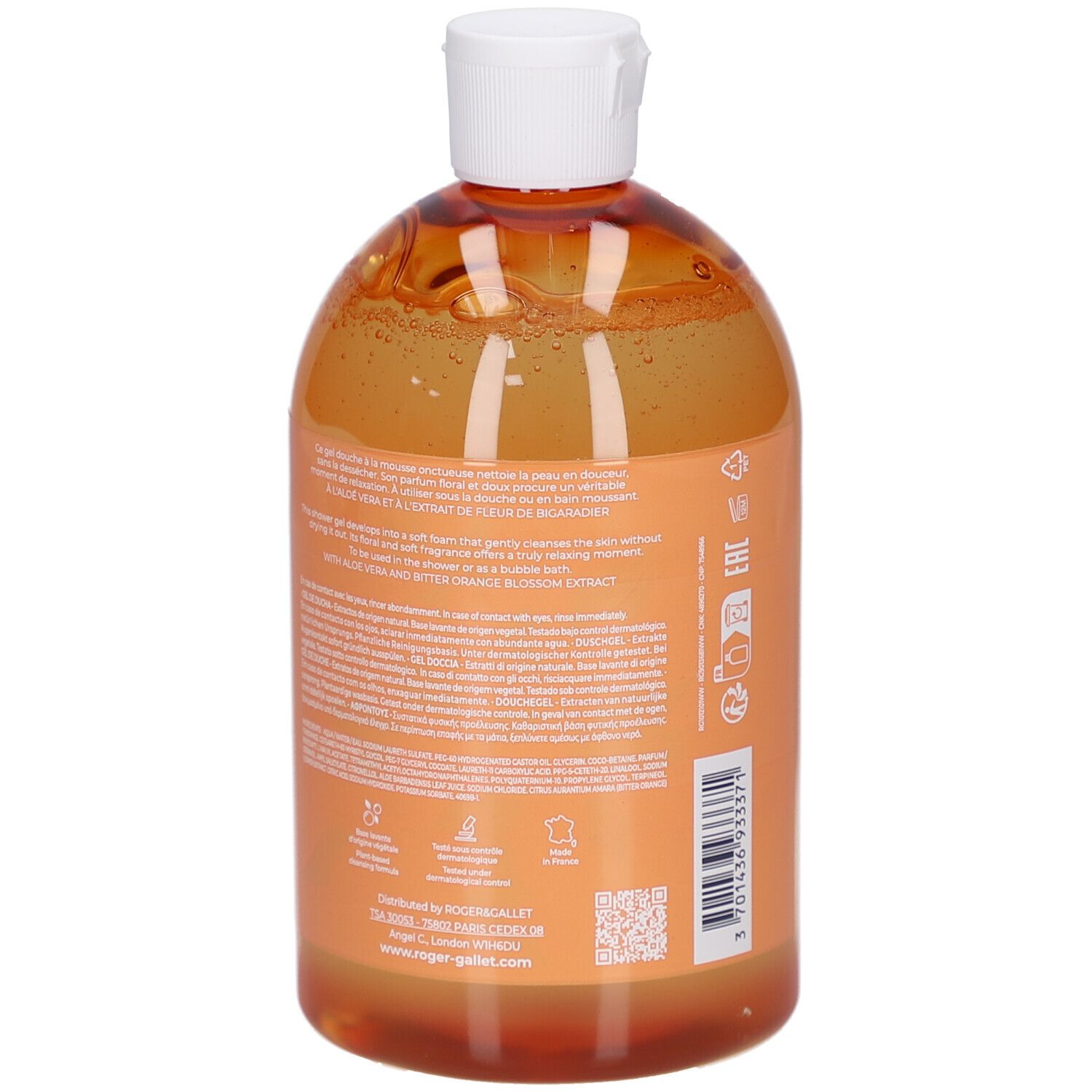 Vue arrière de la bouteille Gel Douche Bienfaisant Neroli. Texte sur l'étiquette. Gel orangé. Bouchon blanc.