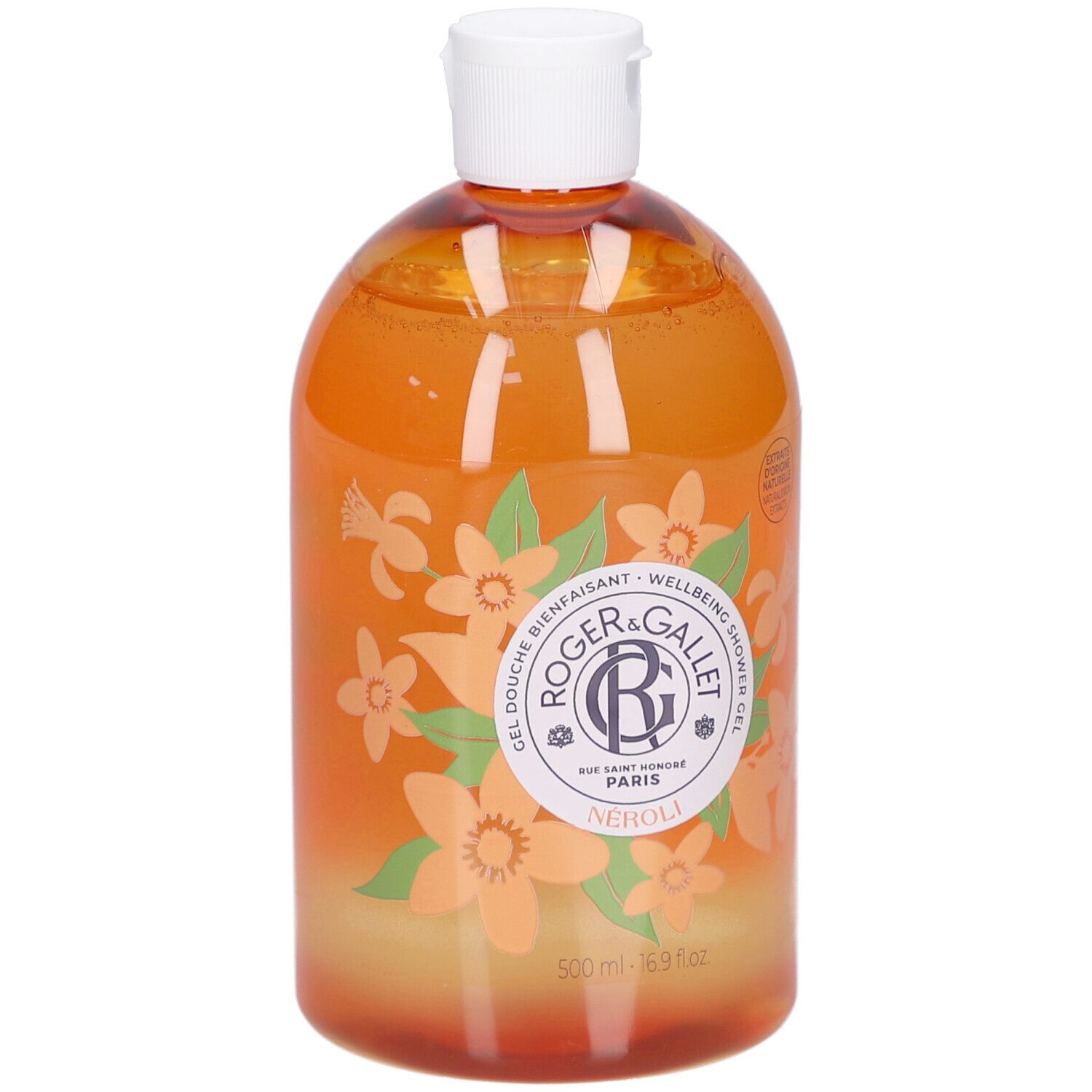 Gel Douche Bienfaisant Neroli. Bouteille avec bouchon blanc. Gel orangé avec motif floral. Marque Roger&Gallet.