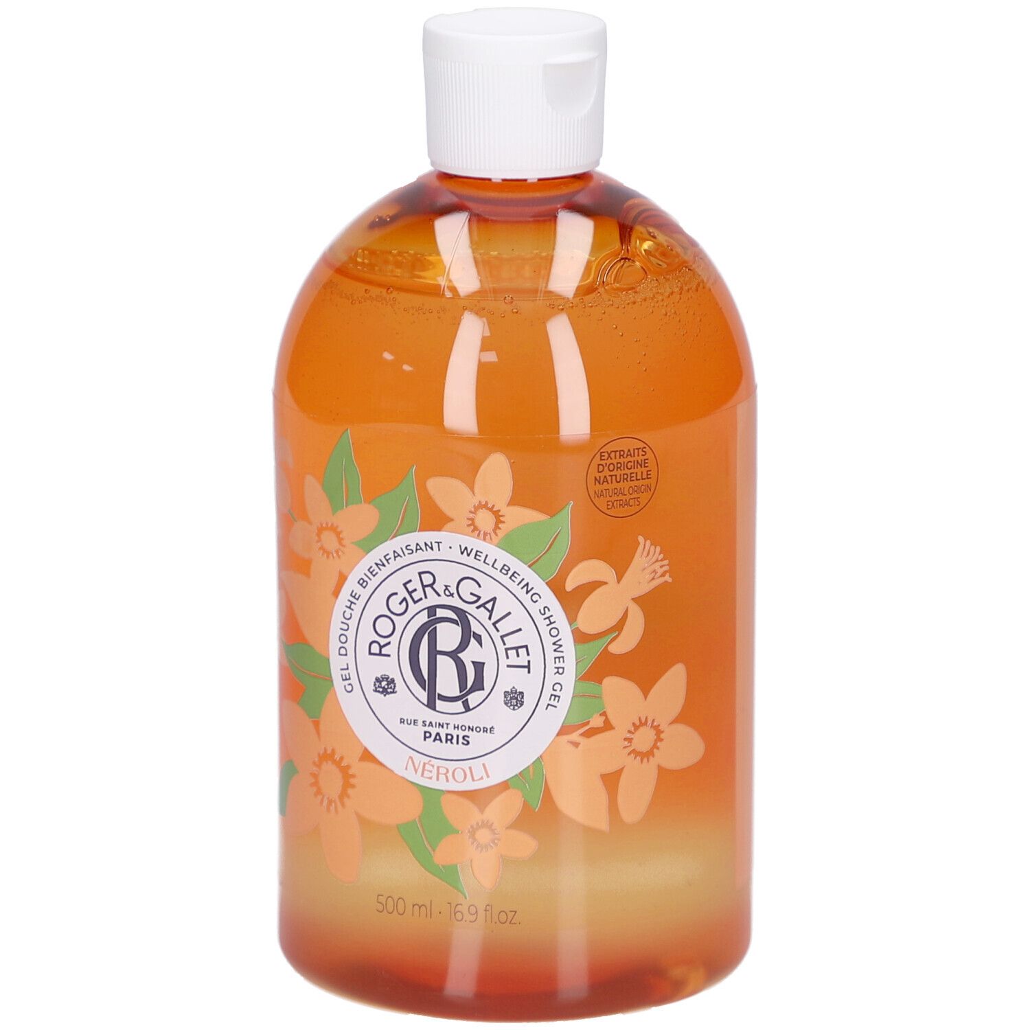 Gel Douche Bienfaisant Neroli. Bouteille avec bouchon blanc. Gel orangé. Design floral. Marque Roger&Gallet.