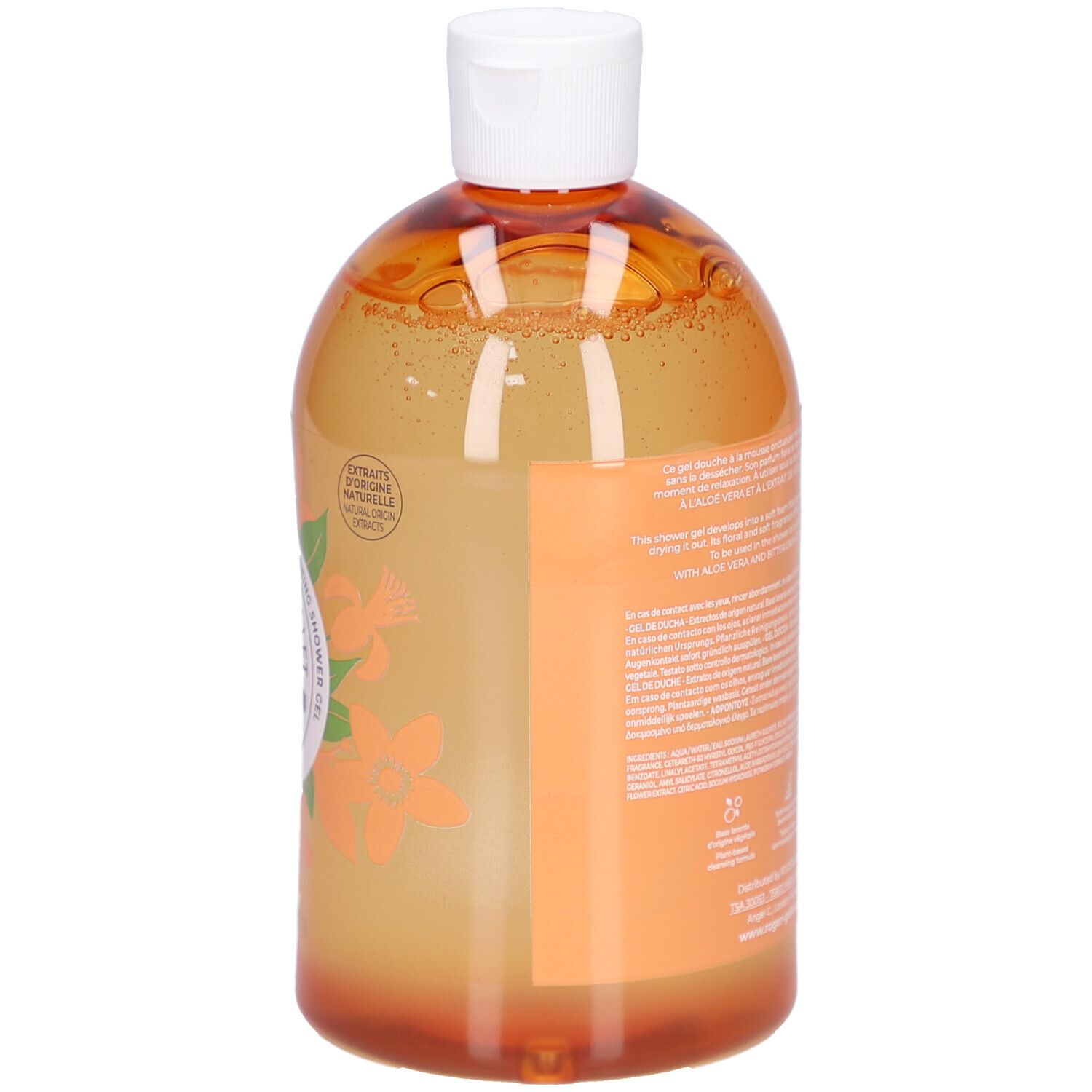Vue arrière de la bouteille Gel Douche Bienfaisant Neroli. Texte sur l'étiquette. Gel orangé. Bouchon blanc.