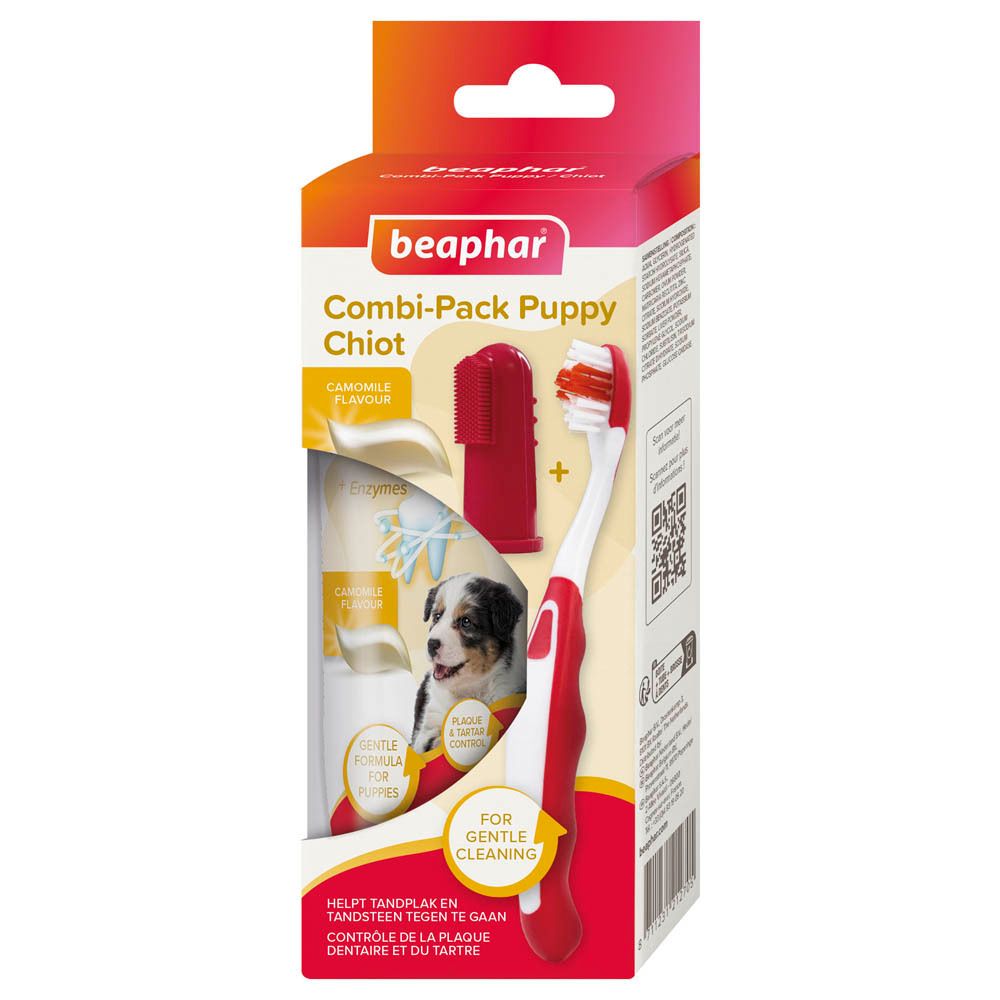 Beaphar Combi-Pack Chiot. Brosse à dents, doigtier et dentifrice. Emballage avec image du produit.