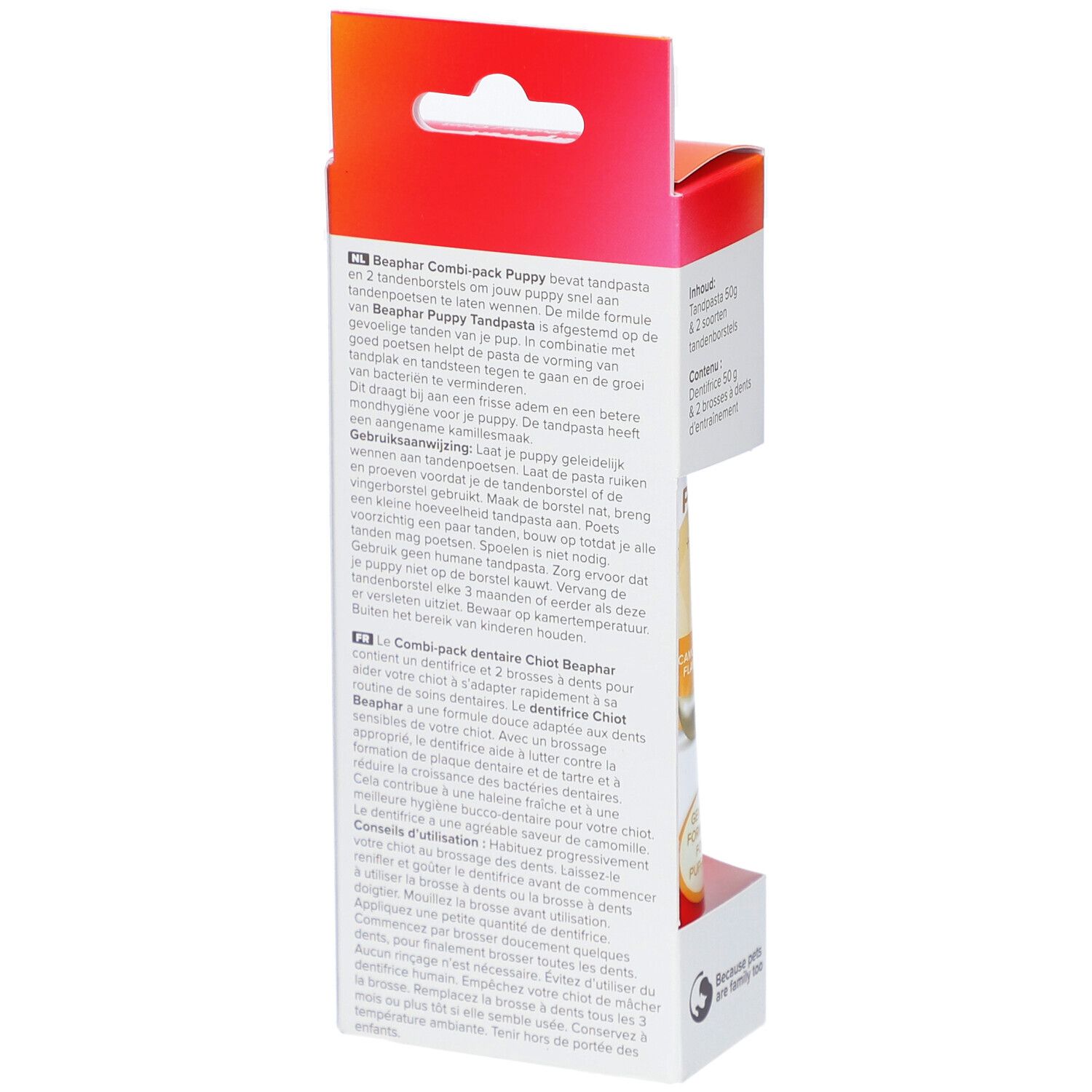 Dos de l'emballage Beaphar Combi-Pack Chiot. Texte en plusieurs langues. Code QR à scanner.