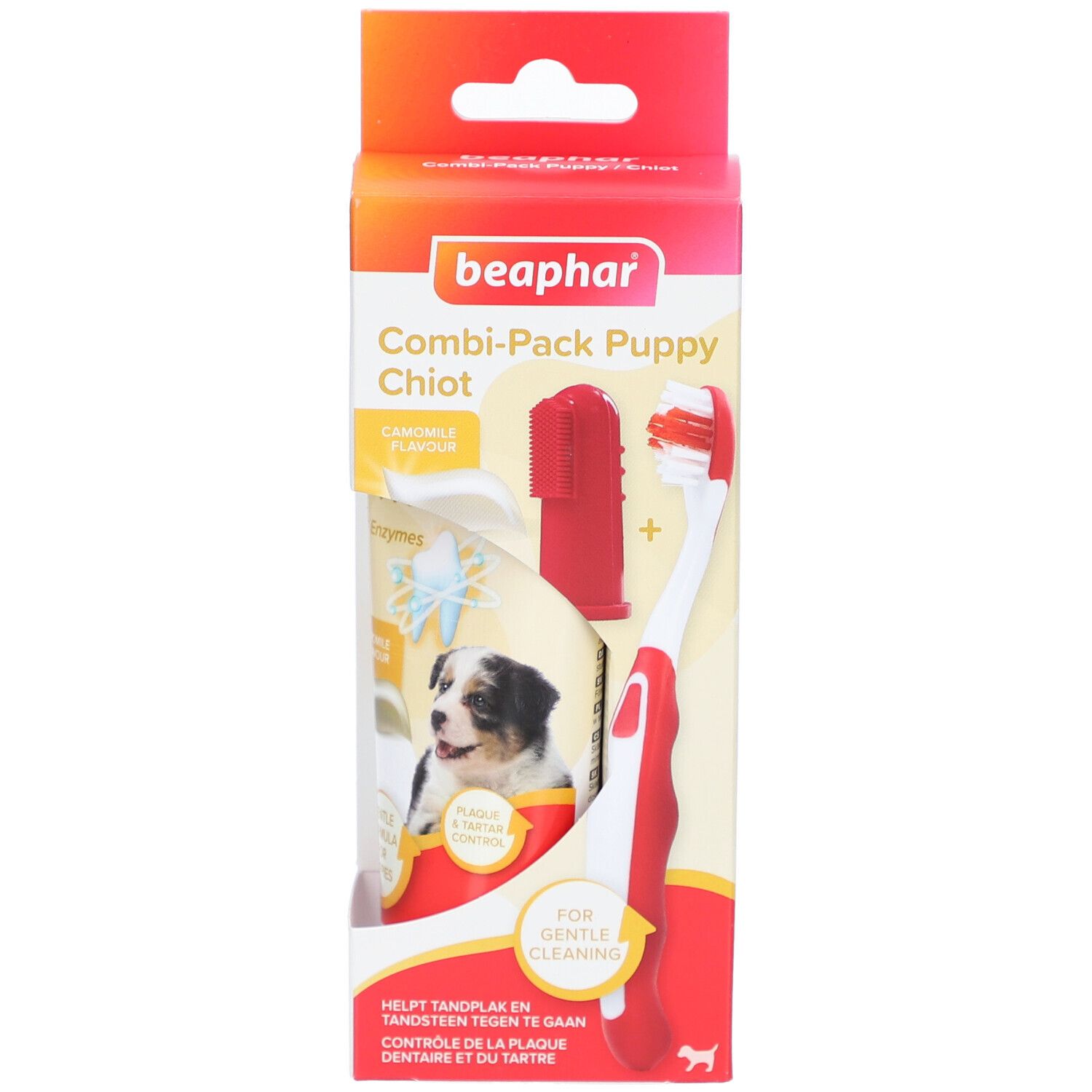 Emballage Beaphar Combi-Pack Chiot. Contient brosse à dents, doigtier et dentifrice. Brosse à dents rouge et blanche.