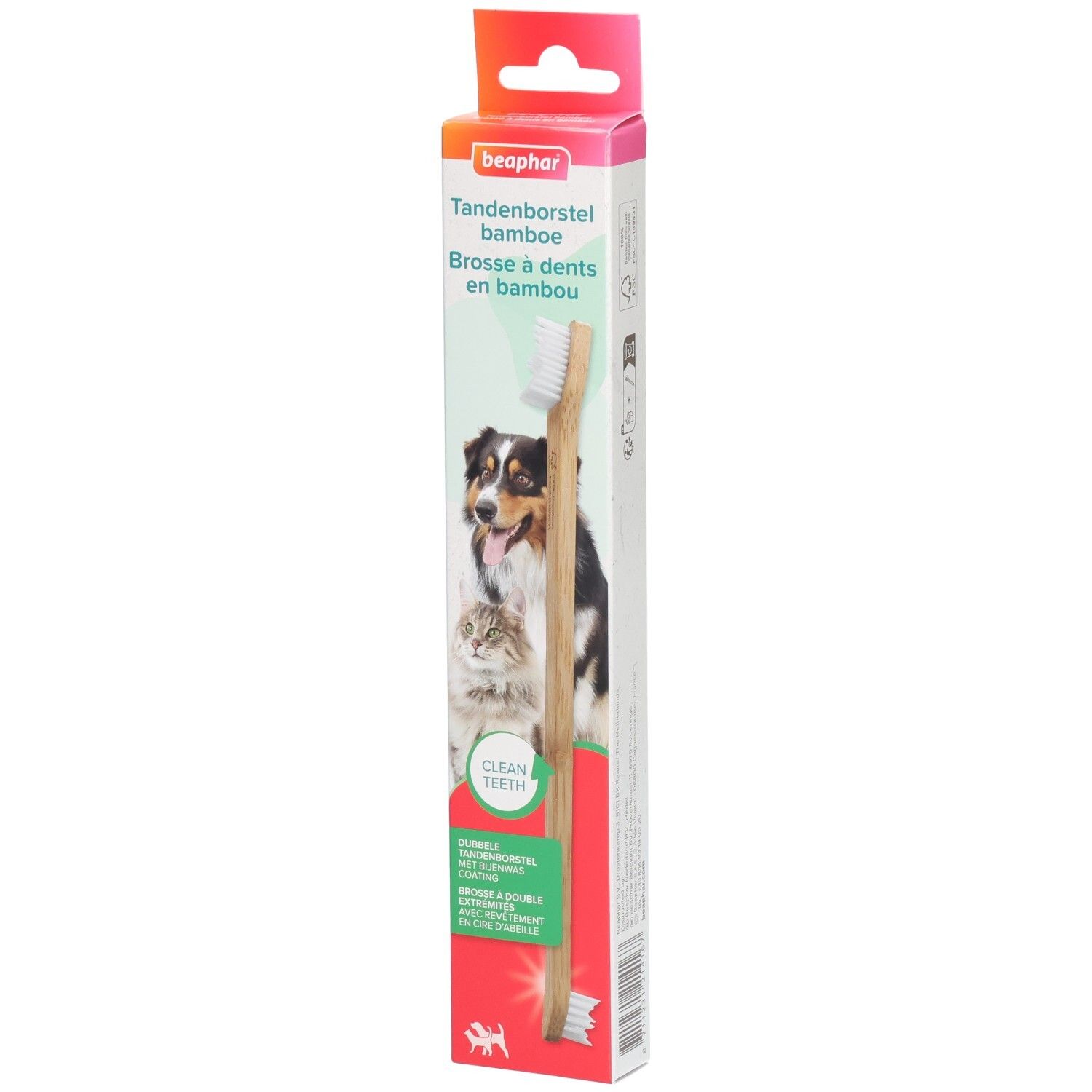 Brosse à dents en bambou dans son emballage. Marque Beaphar. Visuel chien et chat. Texte: Tandenborstel bamboe, Brosse à dents en bambou.