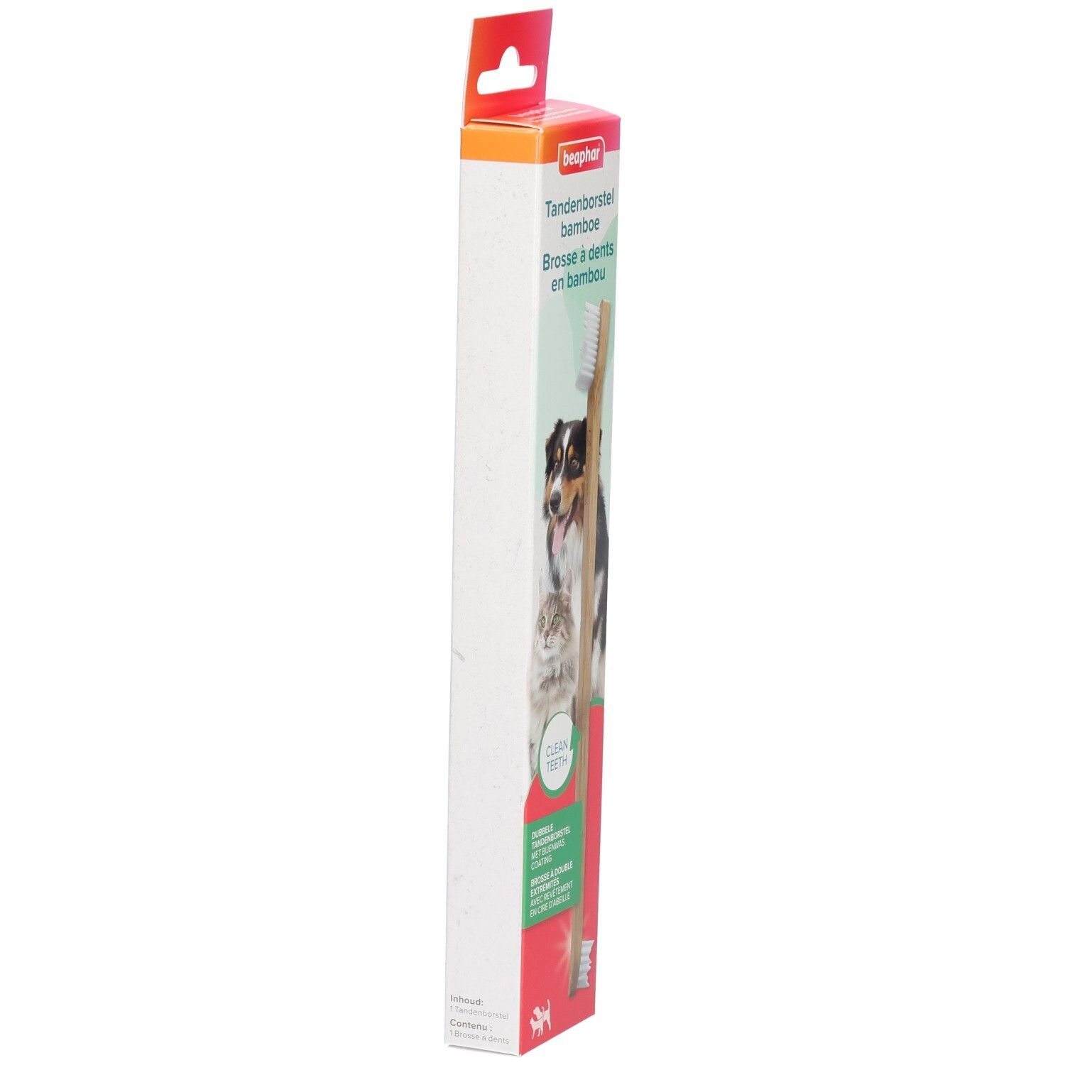 Vue latérale de l'emballage d'une brosse à dents en bambou. Marque Beaphar. Texte: Tandenborstel bamboe, Brosse à dents en bambou.