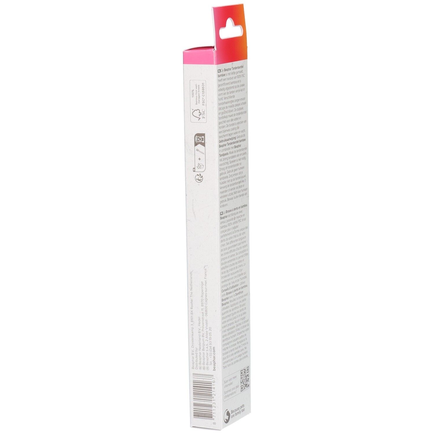 Vue latérale de l'emballage d'une brosse à dents en bambou. Texte et logos. Certification FSC.