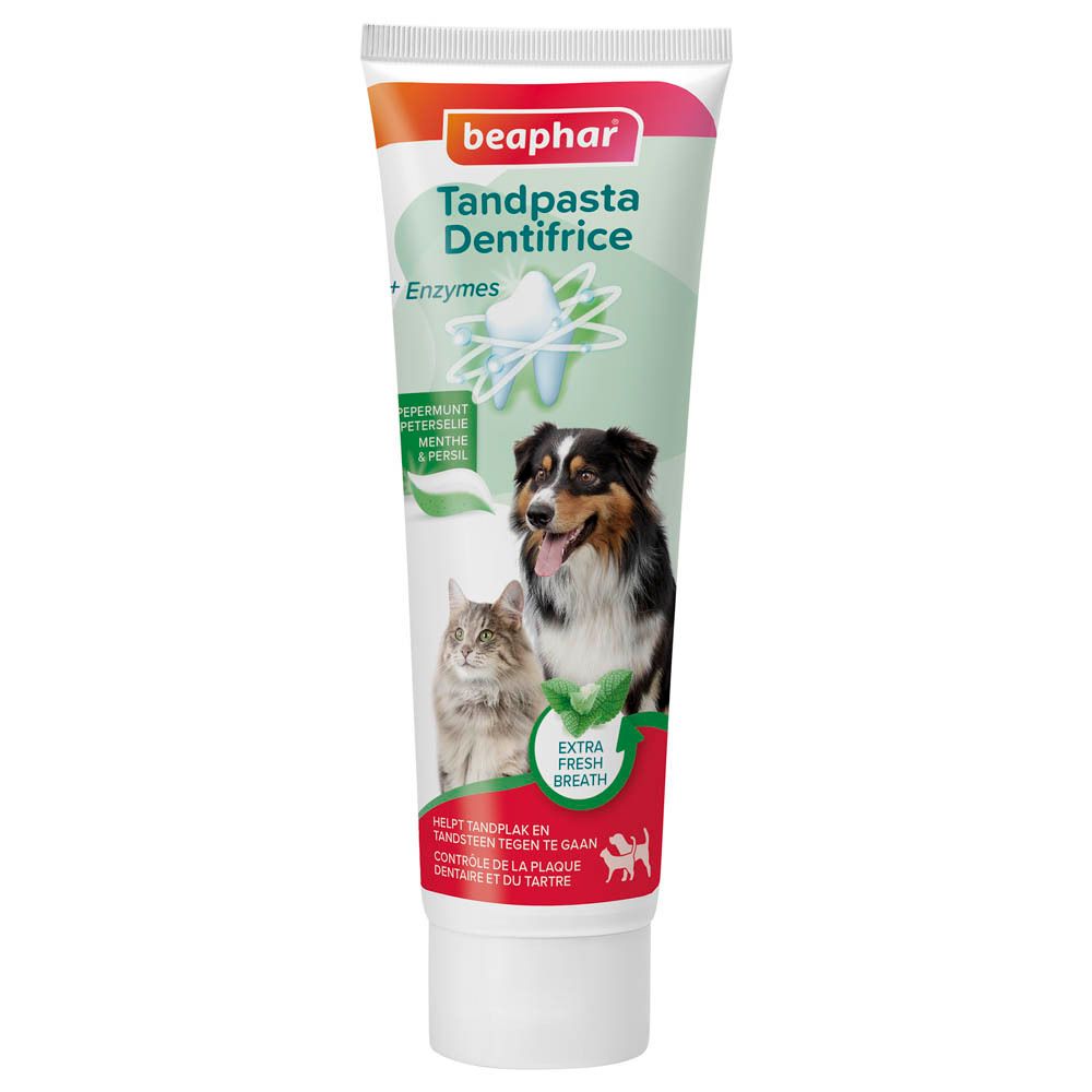 Tube de dentifrice "beaphar". Images de chien et chat. Texte: Tandpasta Dentifrice, Menthe & Persil, Extra Fresh Breath.