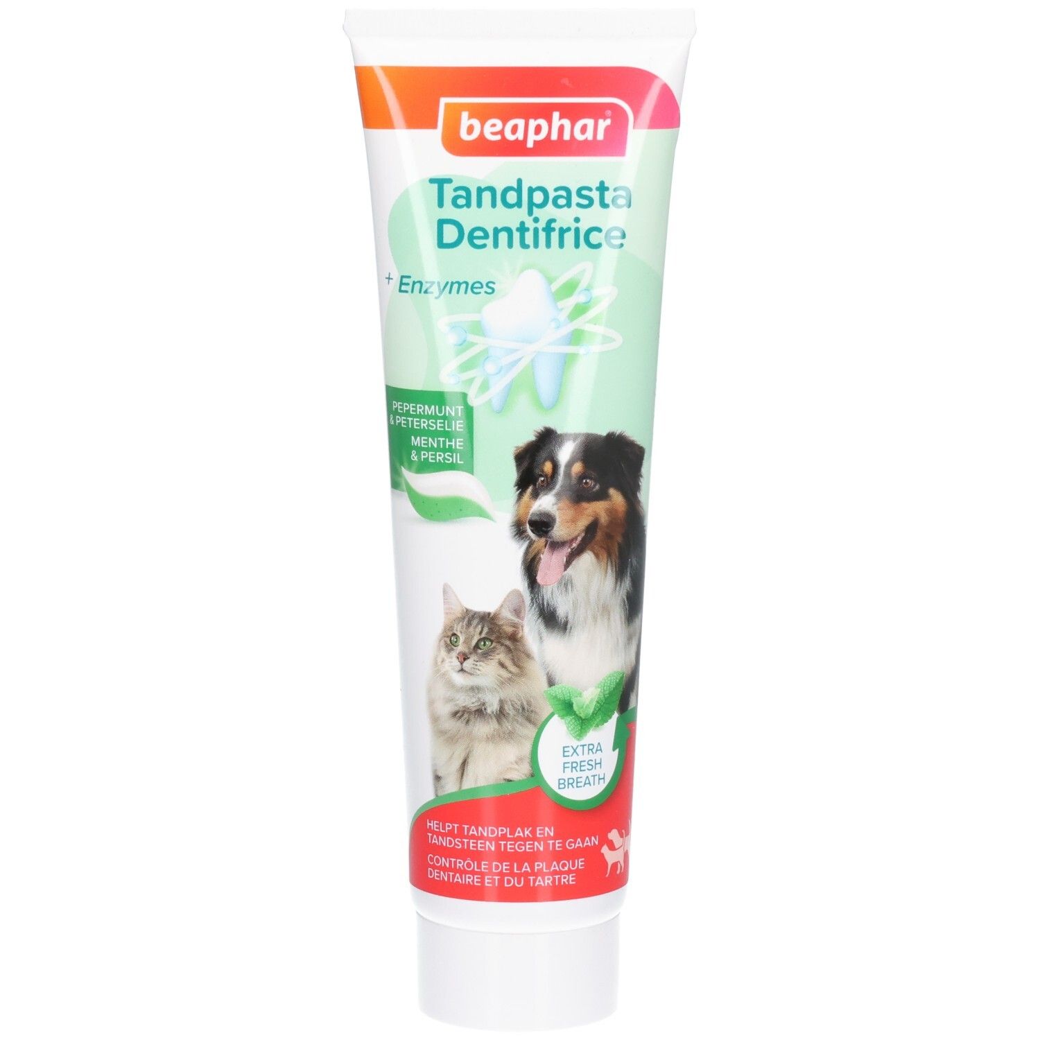 Tube de dentifrice "beaphar". Images de chien et chat. Texte: Tandpasta Dentifrice, Menthe & Persil, Extra Fresh Breath.