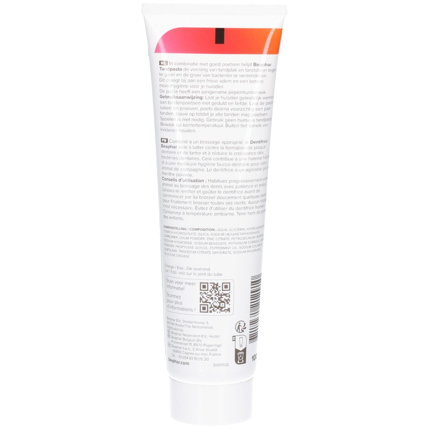 Dos du tube de dentifrice. Texte multilingue. Code QR et logo "beaphar".