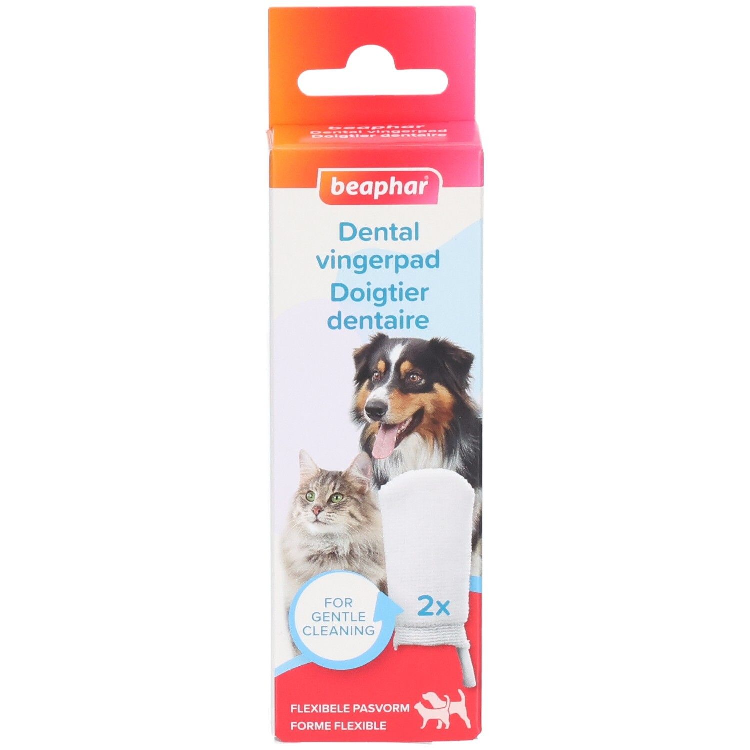 Boîte Beaphar Dental Vingerpad. Image chien et chat. Contient 2 doigts de nettoyage.