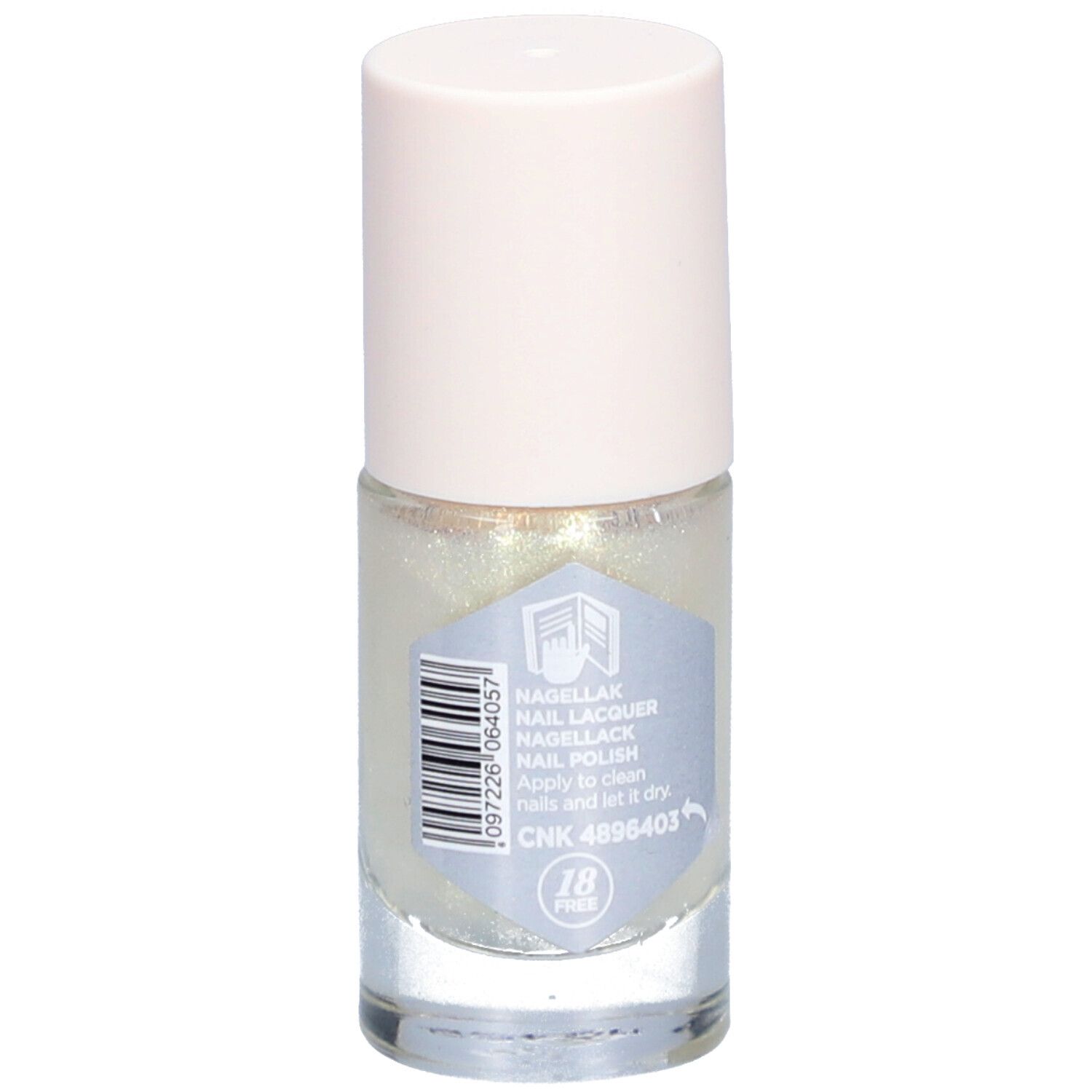 Flacon de vernis à ongles avec contenu clair et bouchon rose clair. Dos avec informations, code-barres et numéro CNK.