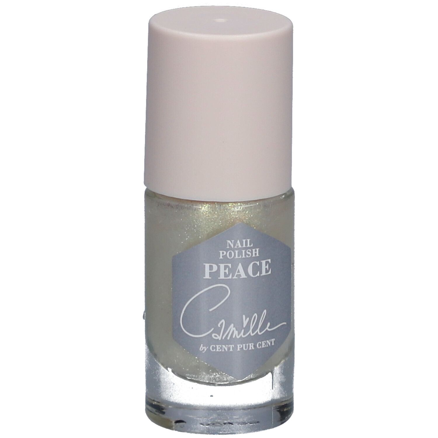 Flacon de vernis à ongles avec contenu clair et bouchon rose clair. Étiquette avec "Peace" et "Camille by Cent Pur Cent".
