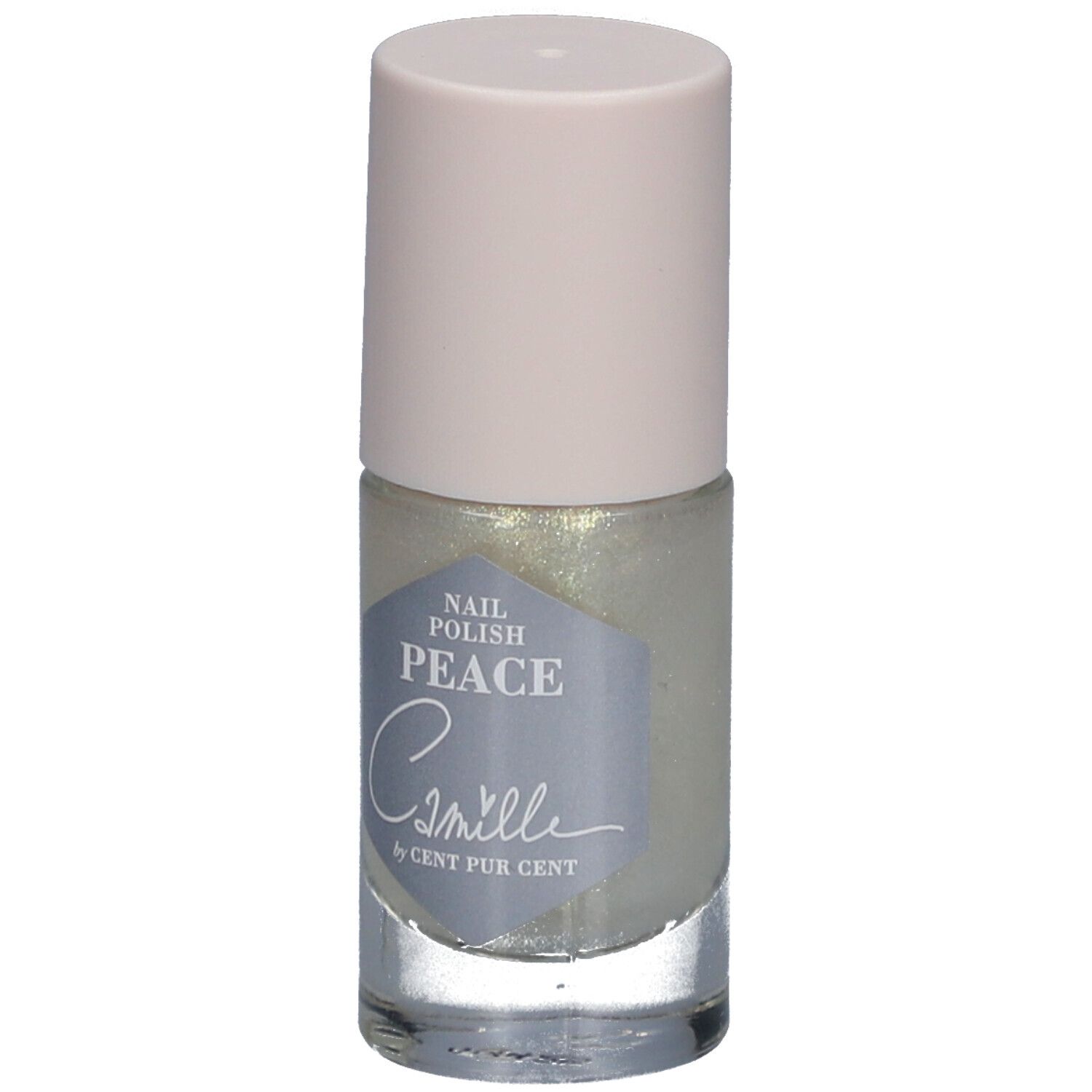 Flacon de vernis à ongles avec contenu clair et bouchon rose clair. Étiquette avec "Peace" et "Camille by Cent Pur Cent".