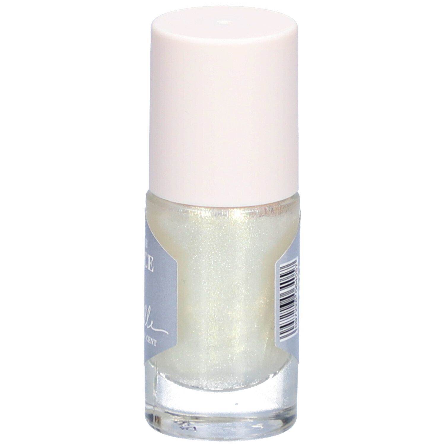 Flacon de vernis à ongles avec contenu clair et bouchon rose clair. Étiquette avec informations et code-barres.