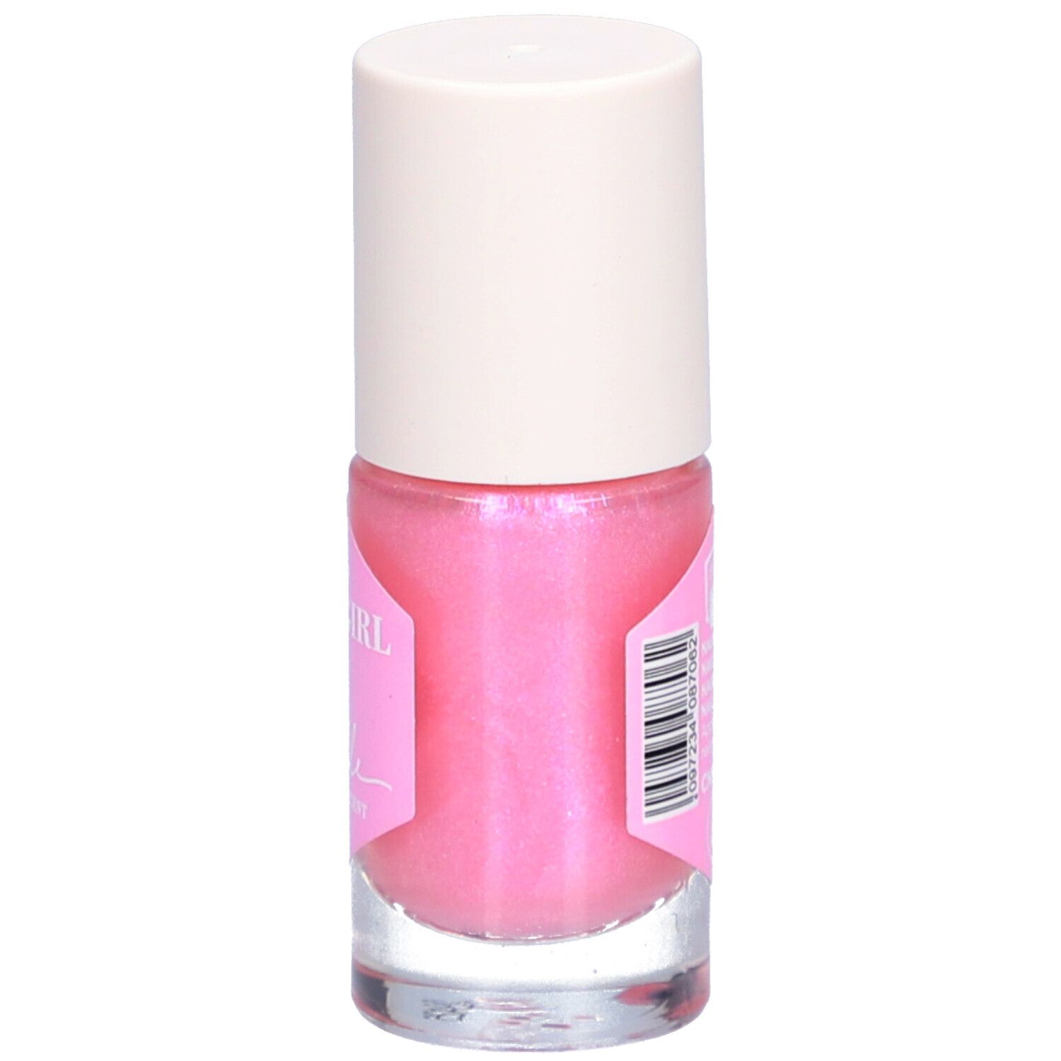 Flacon de vernis à ongles rose avec bouchon blanc. Étiquette avec code-barres et texte : "Vernis à ongles", "SHOWGIRL".
