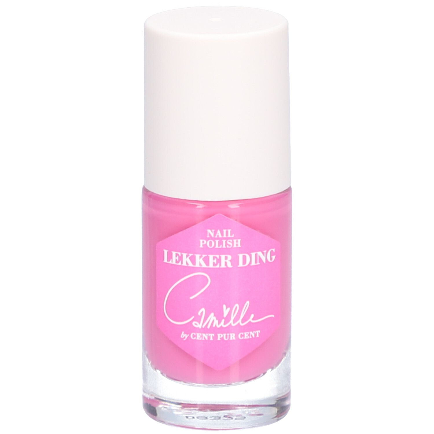 Flacon de vernis à ongles rose avec bouchon blanc. Étiquette avec texte: Camille by Cent Pur Cent.