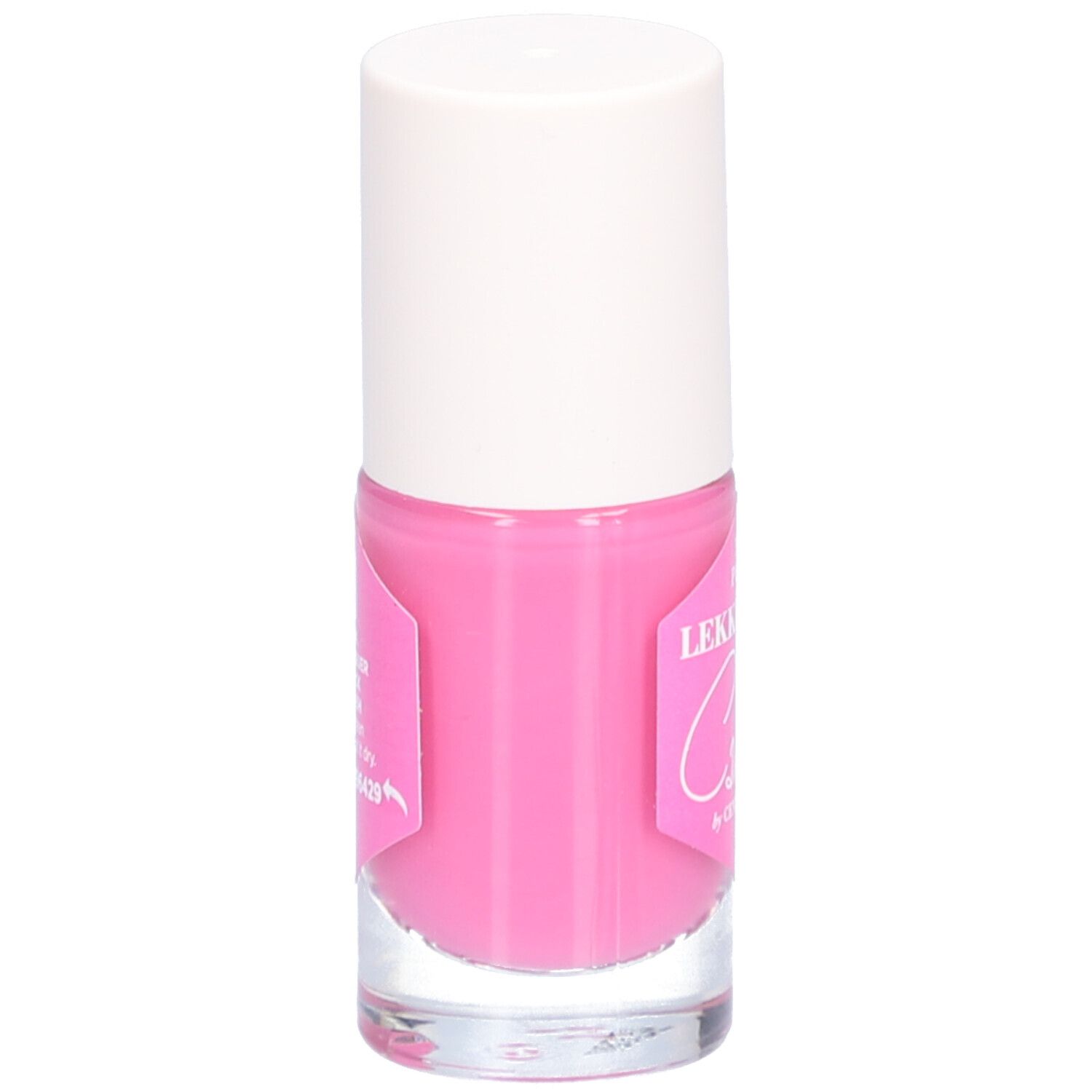 Flacon de vernis à ongles rose avec bouchon blanc. Étiquette avec texte: Camille by Cent Pur Cent.