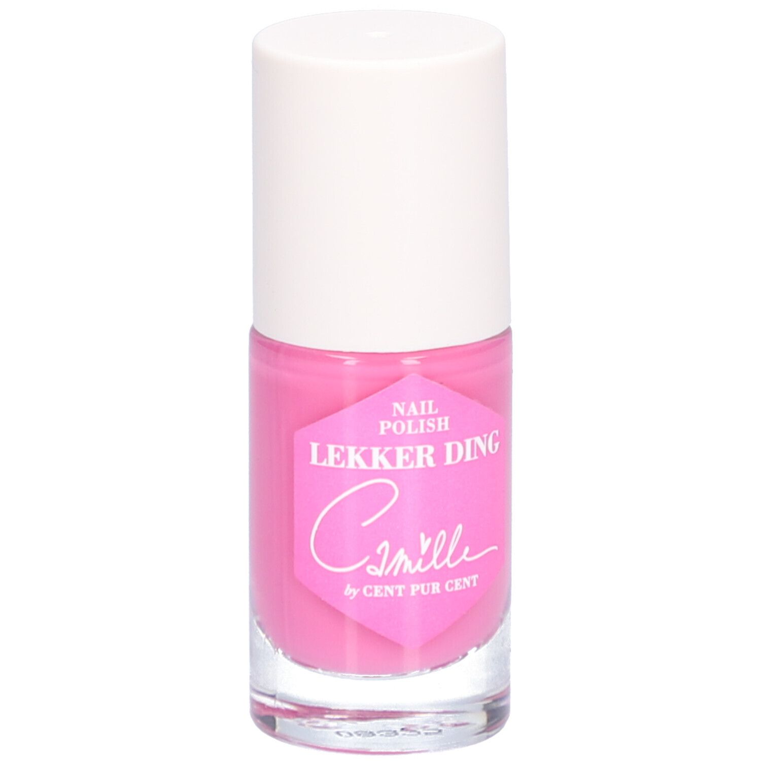 Flacon de vernis à ongles rose avec bouchon blanc. Étiquette avec texte: Camille by Cent Pur Cent.