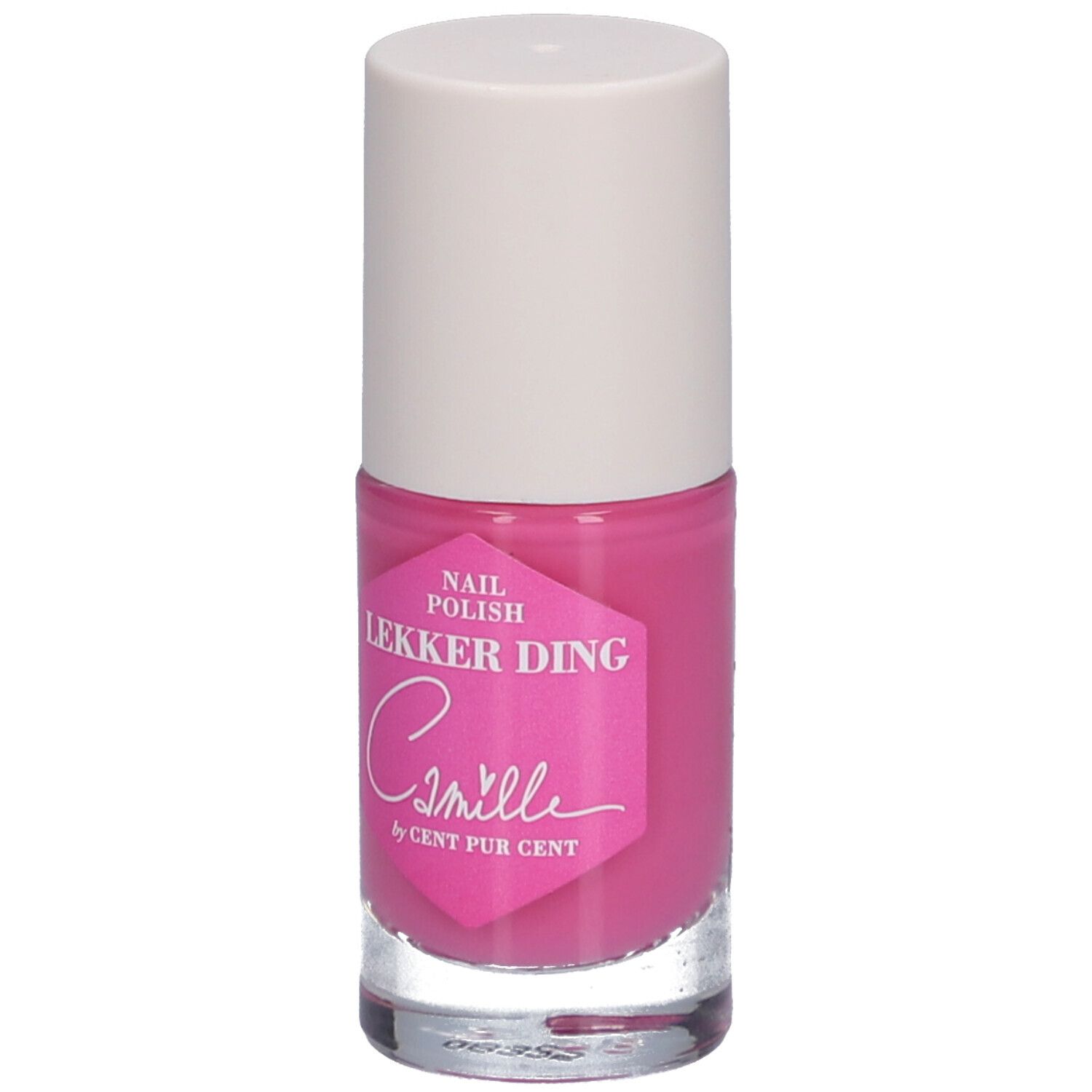 Flacon de vernis à ongles rose avec bouchon blanc. Étiquette avec texte: Camille by Cent Pur Cent.
