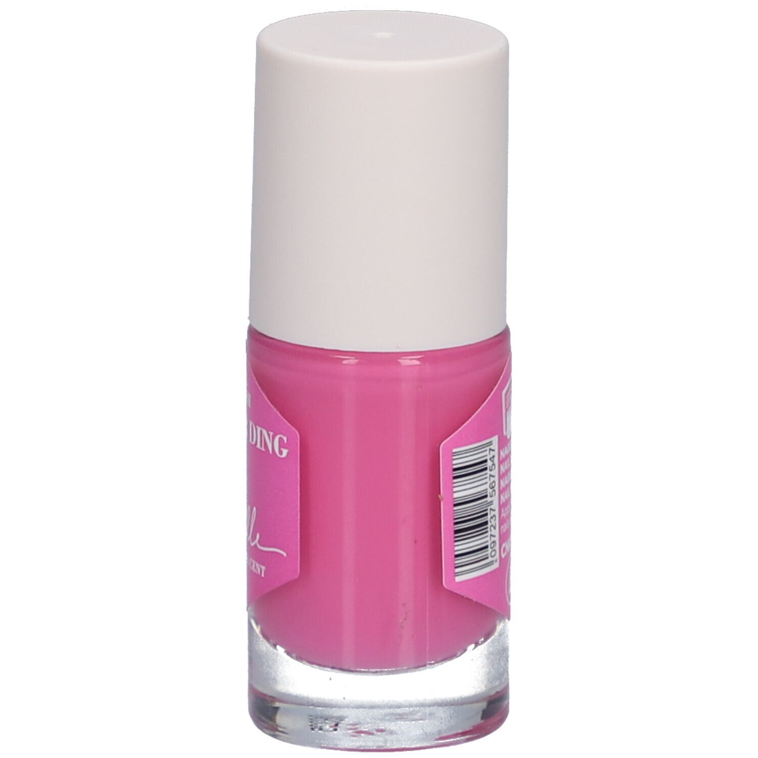 Flacon de vernis à ongles rose avec bouchon blanc. Étiquette avec texte: Camille by Cent Pur Cent.