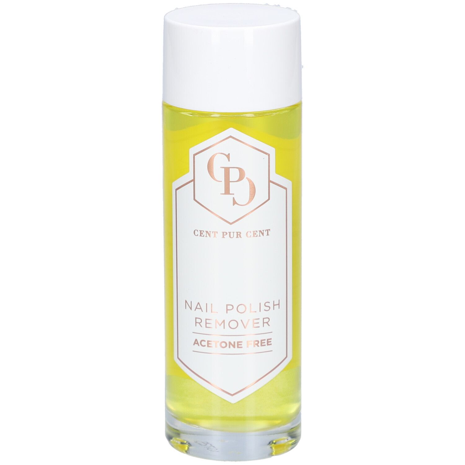 Flacon cylindrique avec bouchon blanc. Inscription : Cent Pur Cent, dissolvant pour vernis à ongles, sans acétone.