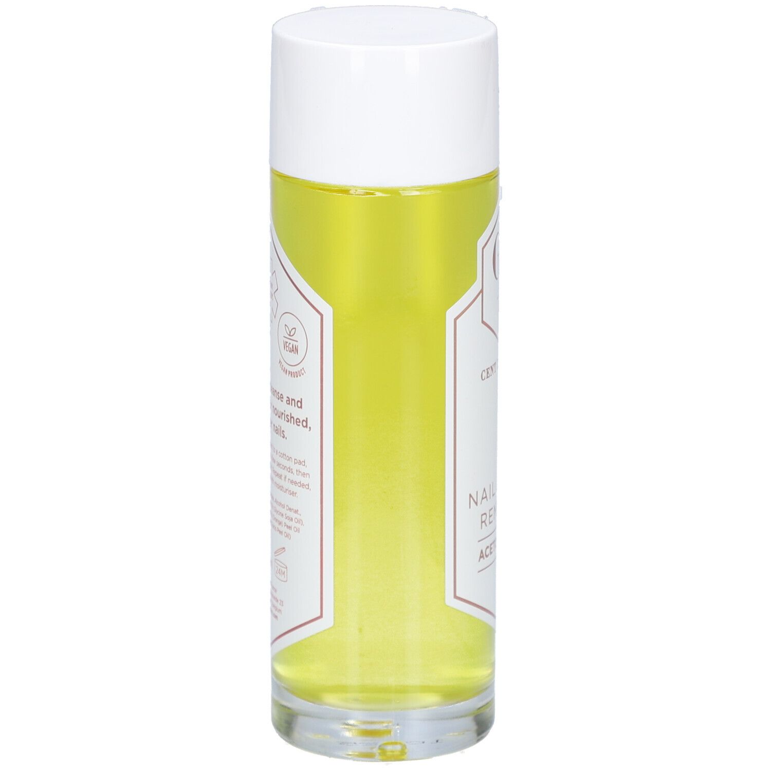 Flacon cylindrique avec bouchon blanc. Inscription : Dissolvant pour vernis à ongles, sans acétone. Label vegan.