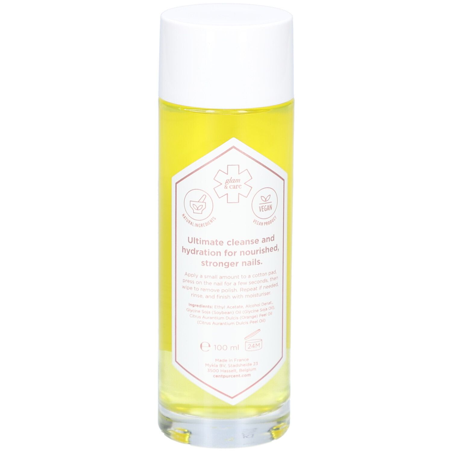 Flacon cylindrique avec bouchon blanc. Inscription : Dissolvant pour vernis à ongles, sans acétone. Texte sur les ingrédients.