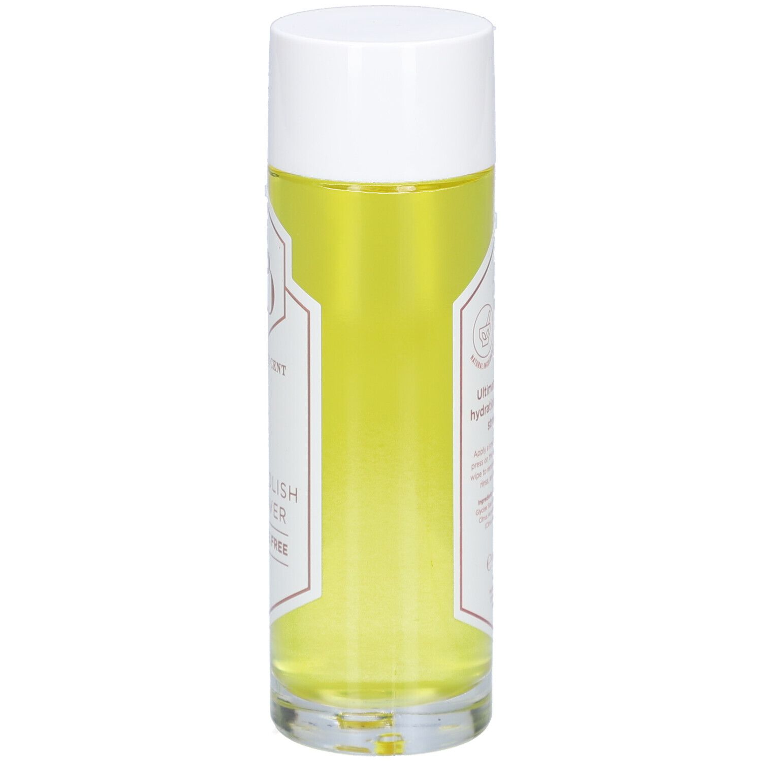 Flacon cylindrique avec bouchon blanc. Inscription : Dissolvant pour vernis à ongles, sans acétone. Label vegan.
