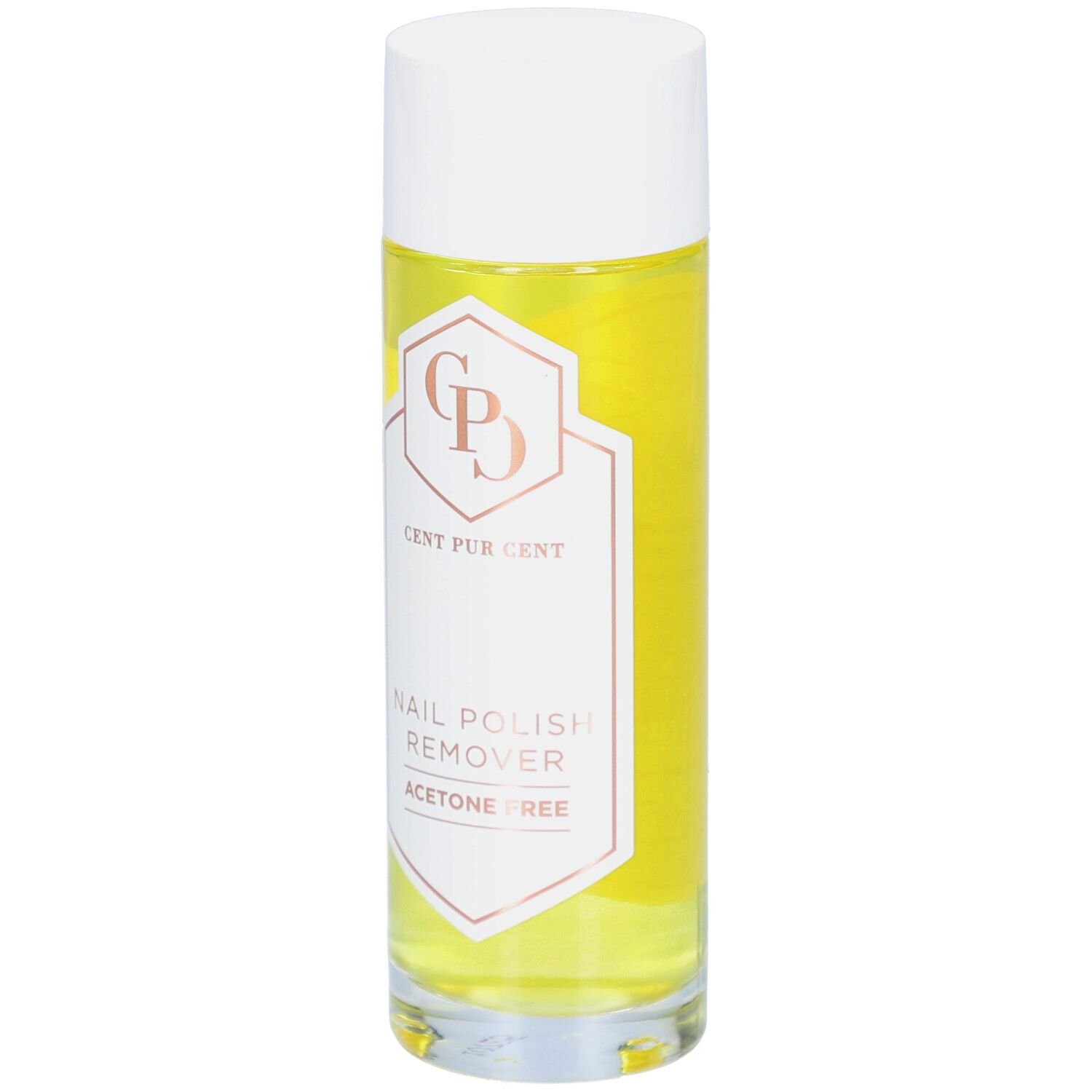 Flacon cylindrique avec bouchon blanc. Inscription : Cent Pur Cent, dissolvant pour vernis à ongles, sans acétone.
